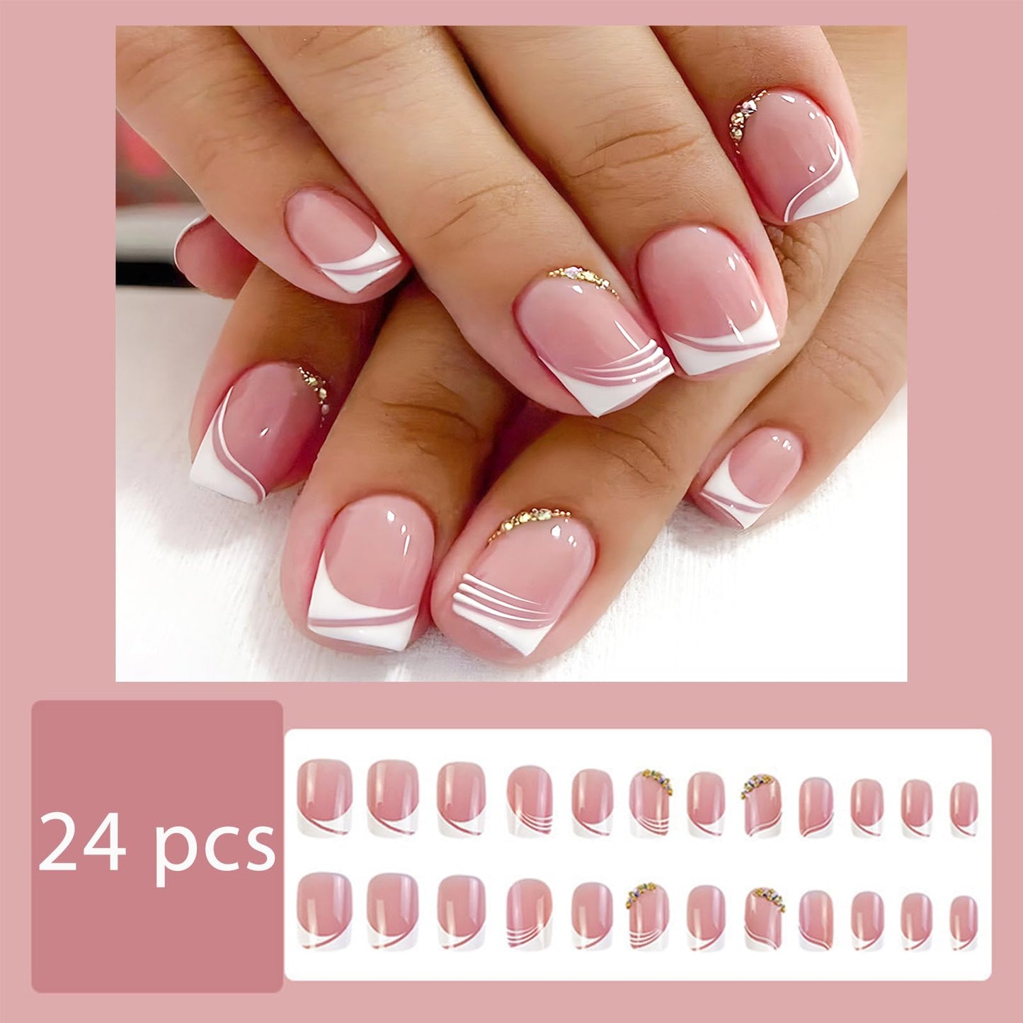 Short Square Press on Nails White French Fake Nails Glossy Soft Curve Tip False Nails Short French With Rhinestones Design Reusable Acrylic Nails for Women Manicure Full Cover Glue on Nails 24pcs