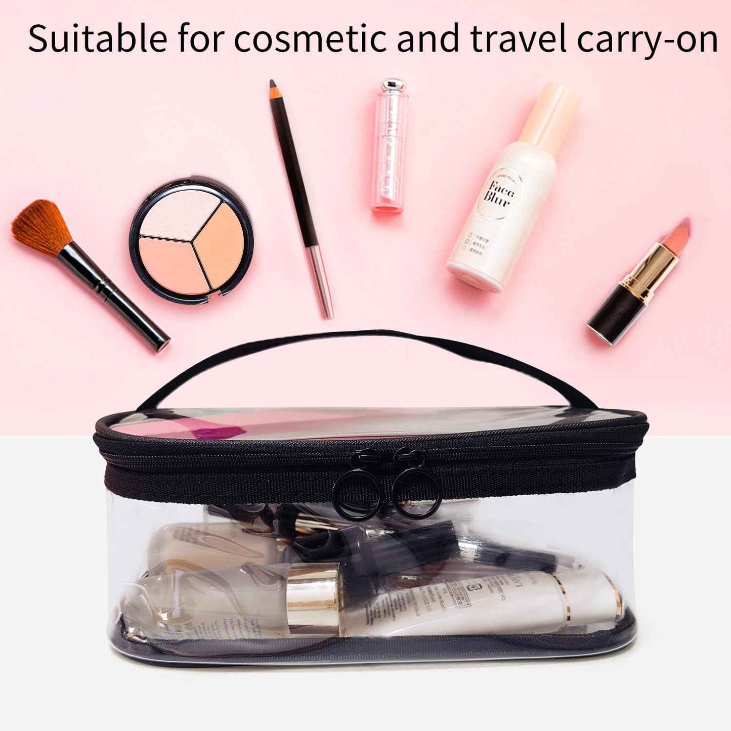 leevanoo Clear Makeup Bags with Mesh Top，Clear PVC with Zipper Handle Portable Travel Luggage Pouch，TSA Approved Cosmetic Organizer (Black)