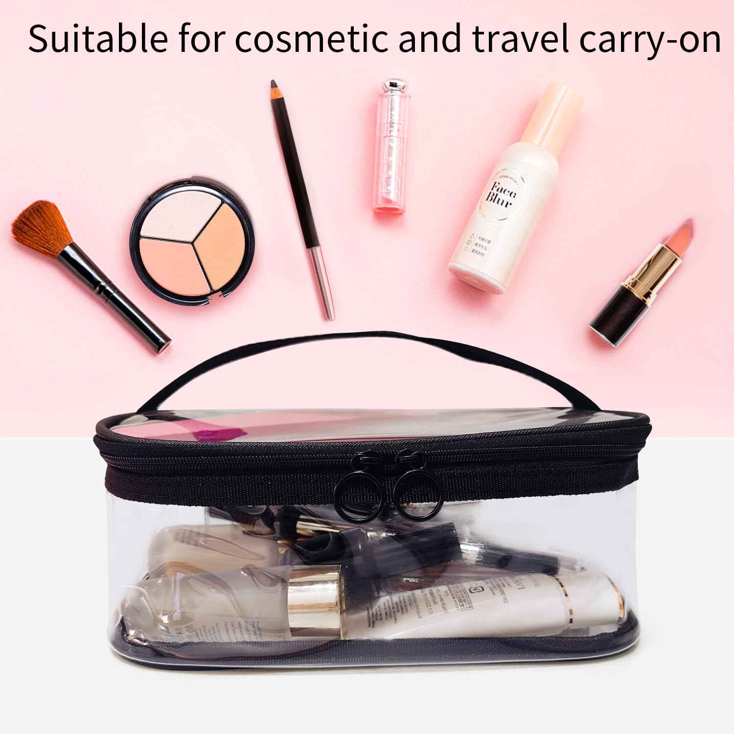 leevanoo Clear Makeup Bags with Mesh Top，Clear PVC with Zipper Handle Portable Travel Luggage Pouch，TSA Approved Cosmetic Organizer (Black)