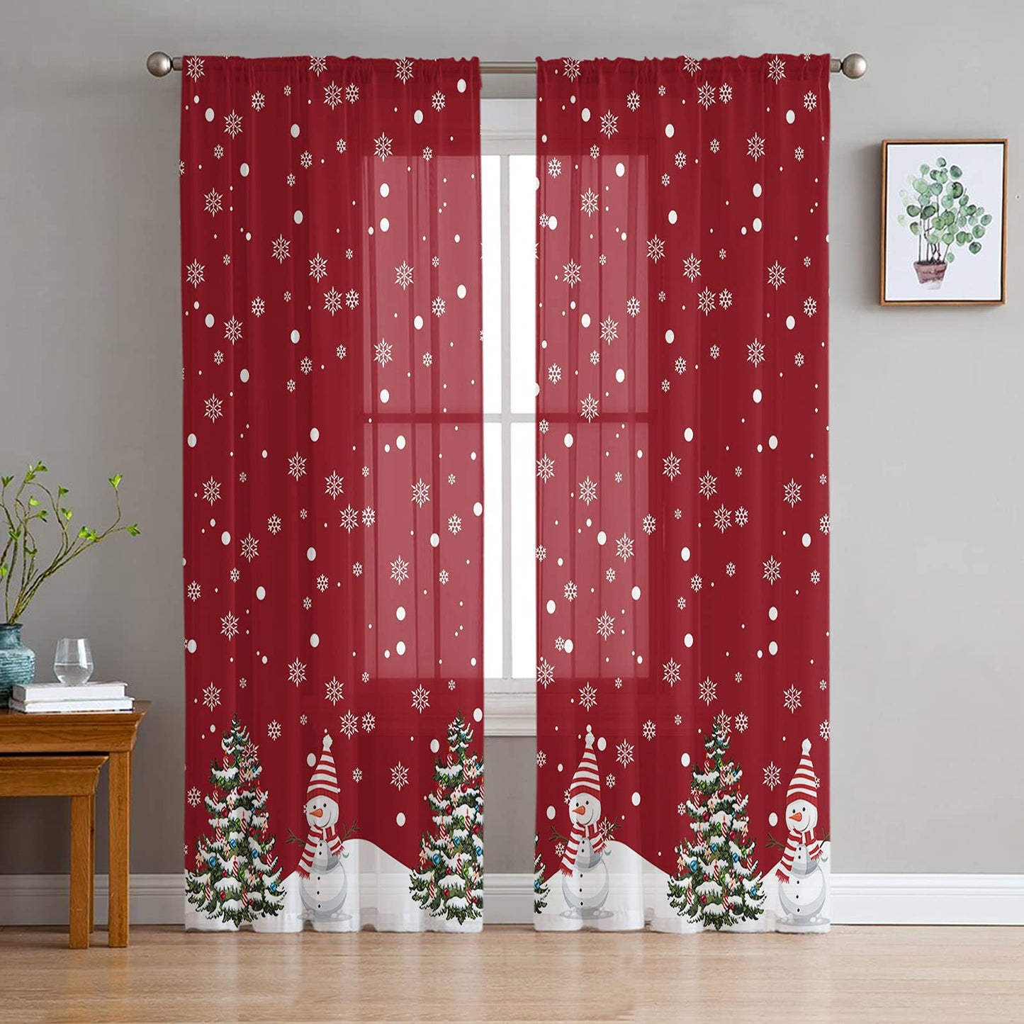 Christmas Sheer Curtains 72 Inches Length 2 Panels Set, Snowman Red Decor Bedroom Curtain Drapes, Xmas Tree Winter Snowflake Semi Curtain Sheers for Living Room/Cafe, Rod Pocket Voile Window Treatment