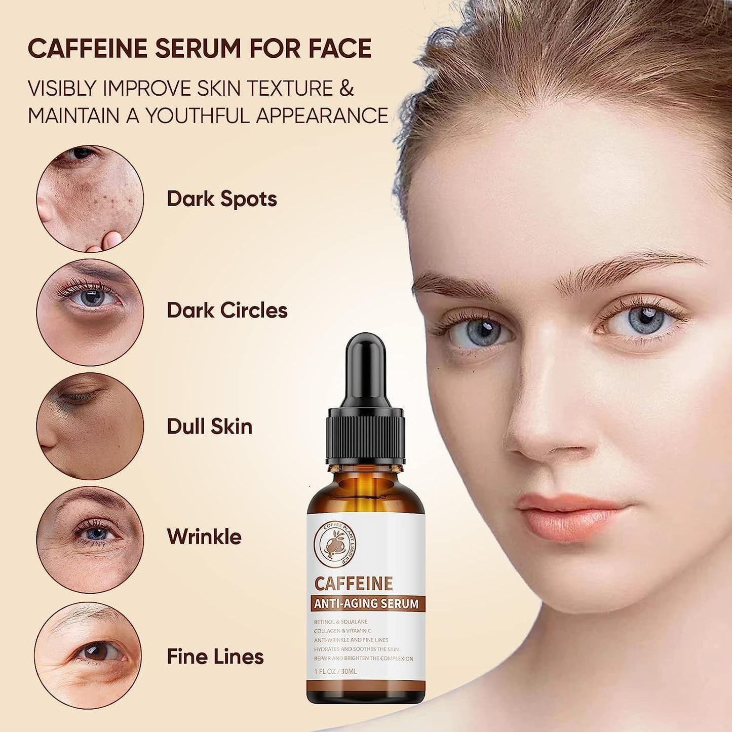 Caffeine Face Serum & Under Eye Serum, Anti-Aging Face Serum with Vitamin C, Collagen, Hyaluronic Acid, Firming & Hydrating & Brightening Face Serum Reduce Wrinkles, Fine Lines and Dark Spot - 30ml