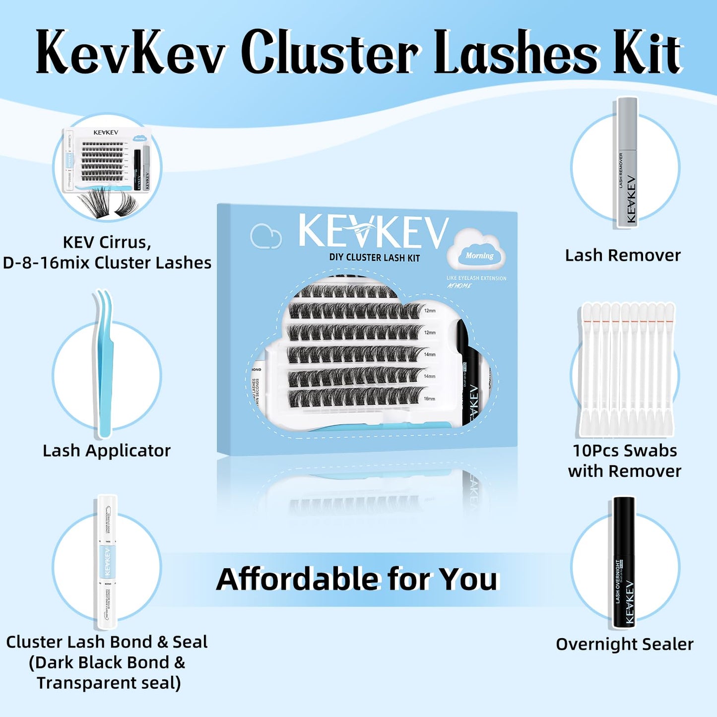 KevKev DIY Lash Extension Kit Lash Clusters Kit 84 Pcs Cluster Lashes with Lash Bond and Seal Lash Glue Remover Overnighter Seal and Applicator for DIY Eyelash Extension(Morning Kit,D-8-16mix)