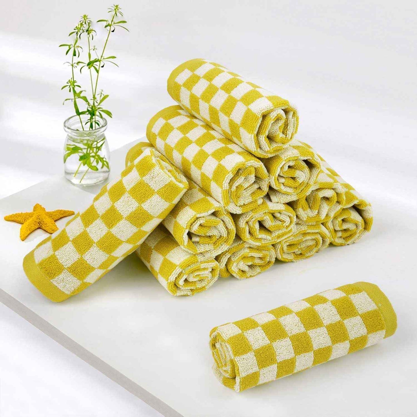 Super Soft Wash Cloths(Mustard Yellow Checkered), 12 Pack Washcloths Facecloth, Cotton Face Towels Set for Body Showering 13x13 Inches, Gifts