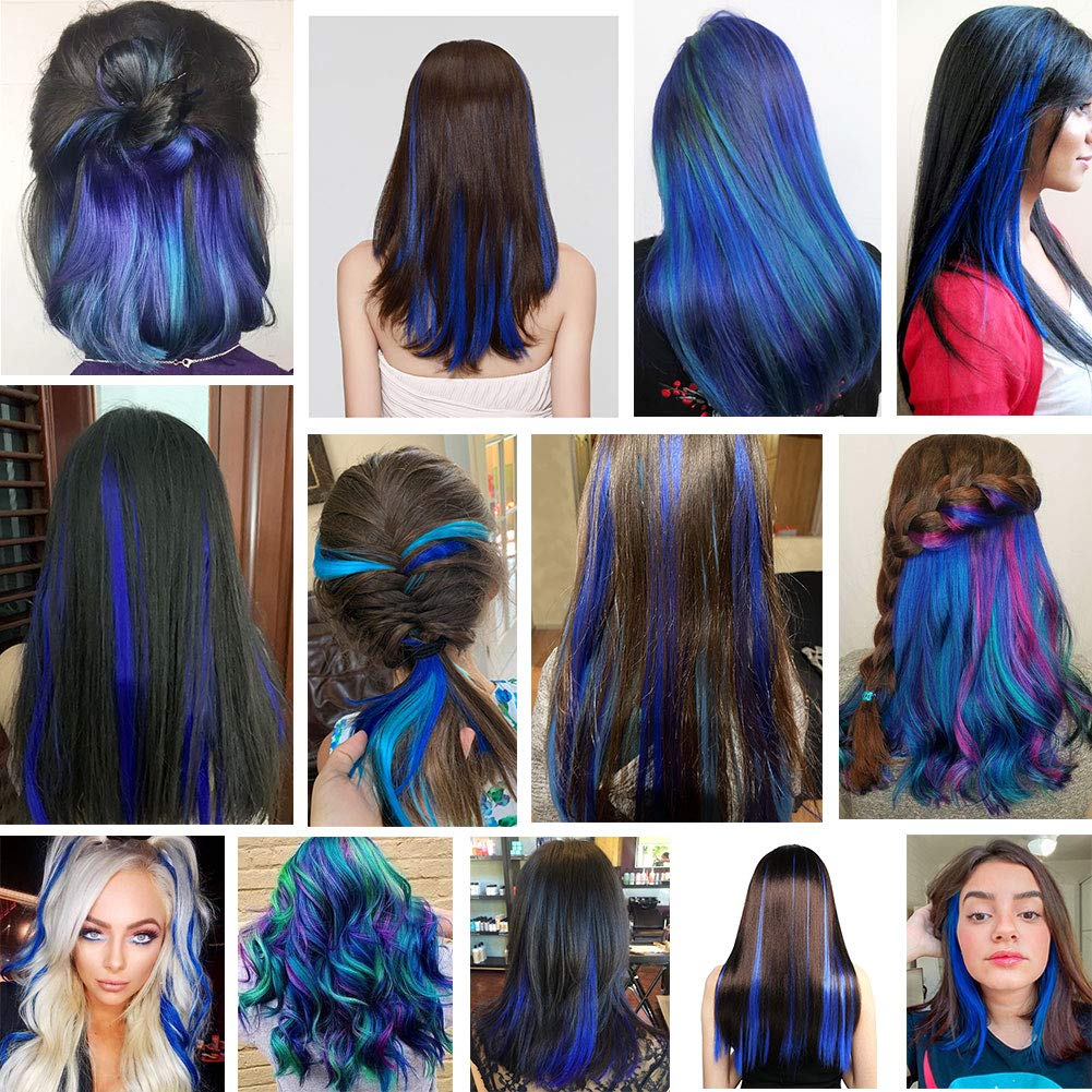 XIRRWWH 16 Pcs 21 Inch Colored Hair Extensions Clip in,Blue Wigs Heat Resistant Straight Party High Gloss Blue Hair Accessories Gifts for Women (Sapphire blue)