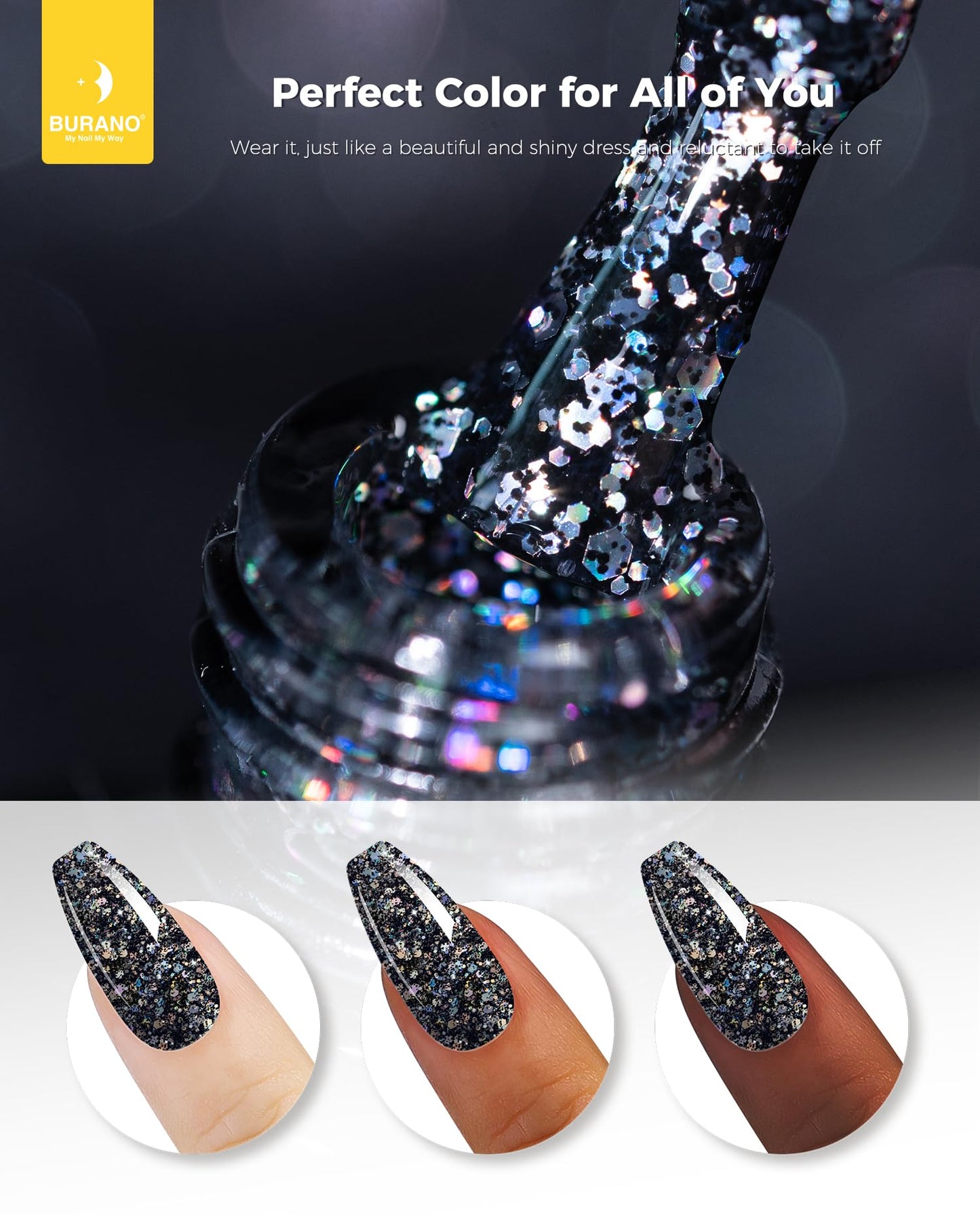 BURANO Glitter Gel Nail Polish, LED UV Nail Gel Shimmer Holographic Effect Soak off Gel Curing Required, No Chip Gel Polish Sparkle Gel Home DIY Nail Salon (Black LP12)