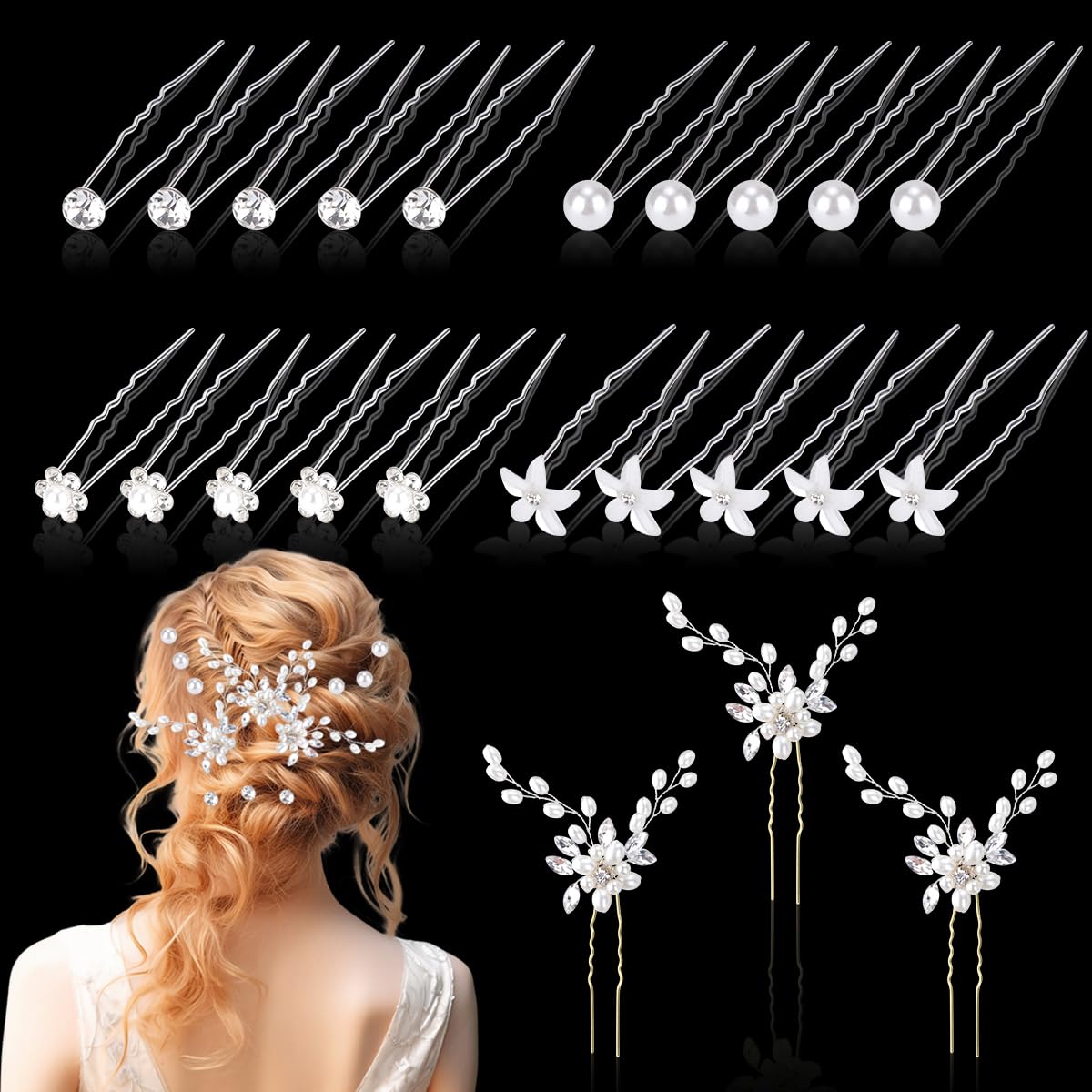 23Pcs Wedding Hair Pins, FHDUSRYO Bridal Pearl Rhinestone Hair Clips, U Shaped Flower Crystal Hair Accessories Diamond Hairpin for Bridesmaid Women Girls Ladies (5 Thems)