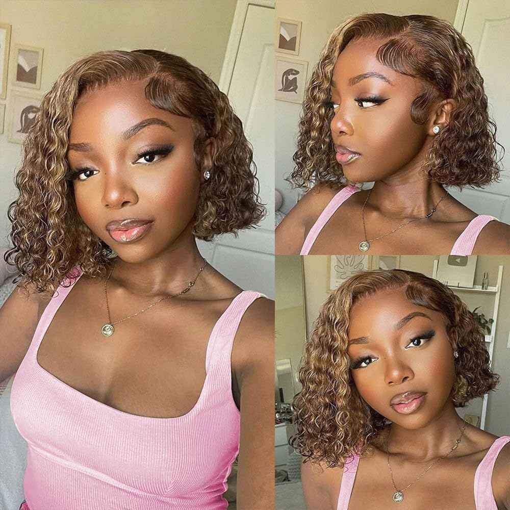 Arseomi Highlight Ombre Bob Wig Human Hair 13x6 Frontal Lace Wig Human Hair 4/27 Honey Blonde Bob Deep Wave Lace Front Wigs for Women Pre Plucked with Baby Hair 6 Inch