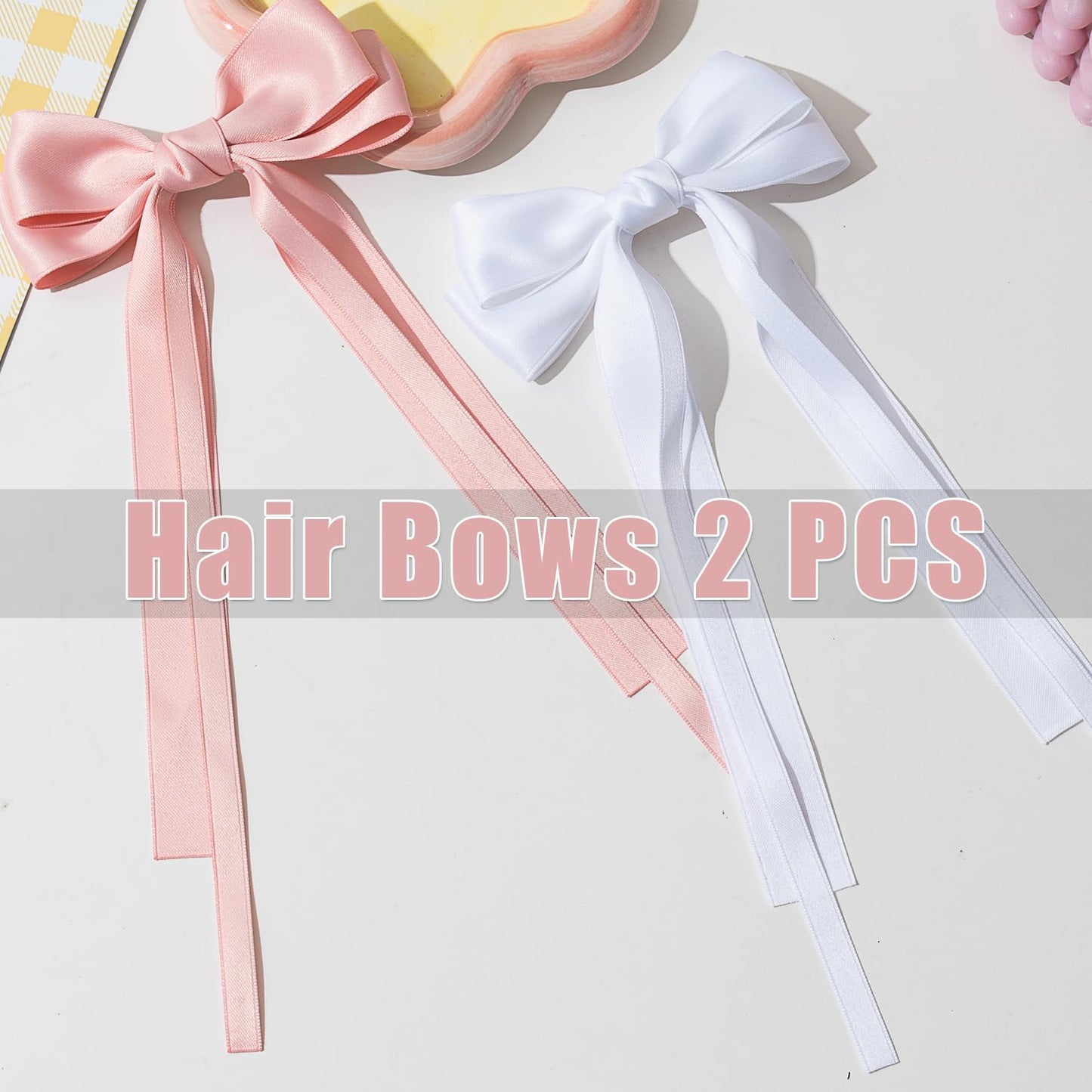 Large Hair Bows 2 PCS Ribbon Bow for Women,Hair Bows for Women,Oversized Long-tail Cute Aesthetic Hair Accessories,Large Hair Barrettes for Women,Big Bows for Girls（white, pink）