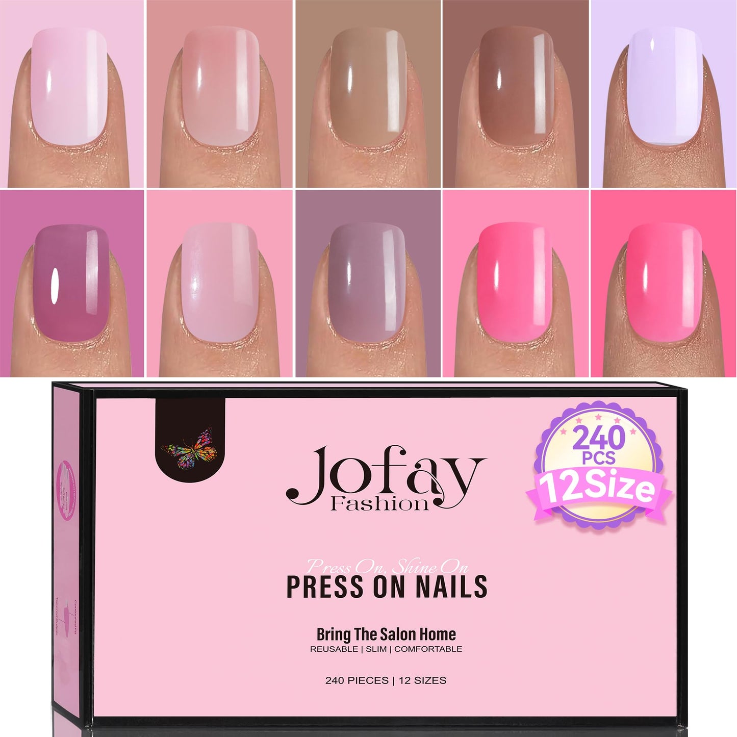 False Nails Tips - Acrylic Nail Tips Jofay Fashion Press On Nail Short Kit Classic Pink Solid Designs Artificial Nails Glue On Stick nails Salon Like Nail Art for Women and Girls 240Pcs