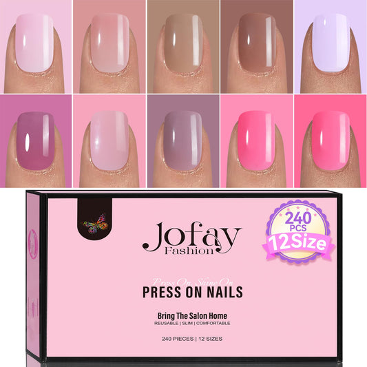 False Nails Tips - Acrylic Nail Tips Jofay Fashion Press On Nail Short Kit Classic Pink Solid Designs Artificial Nails Glue On Stick nails Salon Like Nail Art for Women and Girls 240Pcs