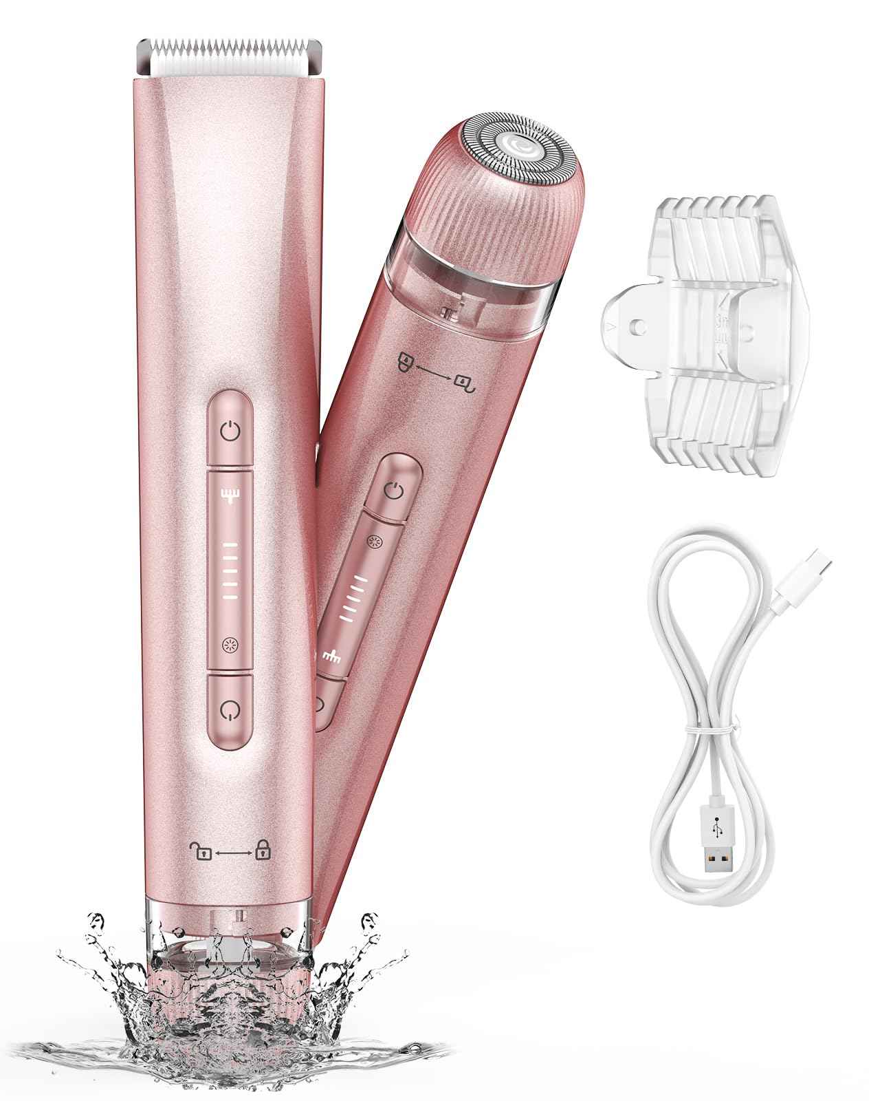 Bikini Trimmer for Women,Bikini Razor for Women Pubic Hair, 2 in 1 Wet & Dry Use Groomer,Painless Body Hair Trimmer for Face Legs Underarm Electric Shavers Razors Rechargable IPX7 Waterproof (Pink)