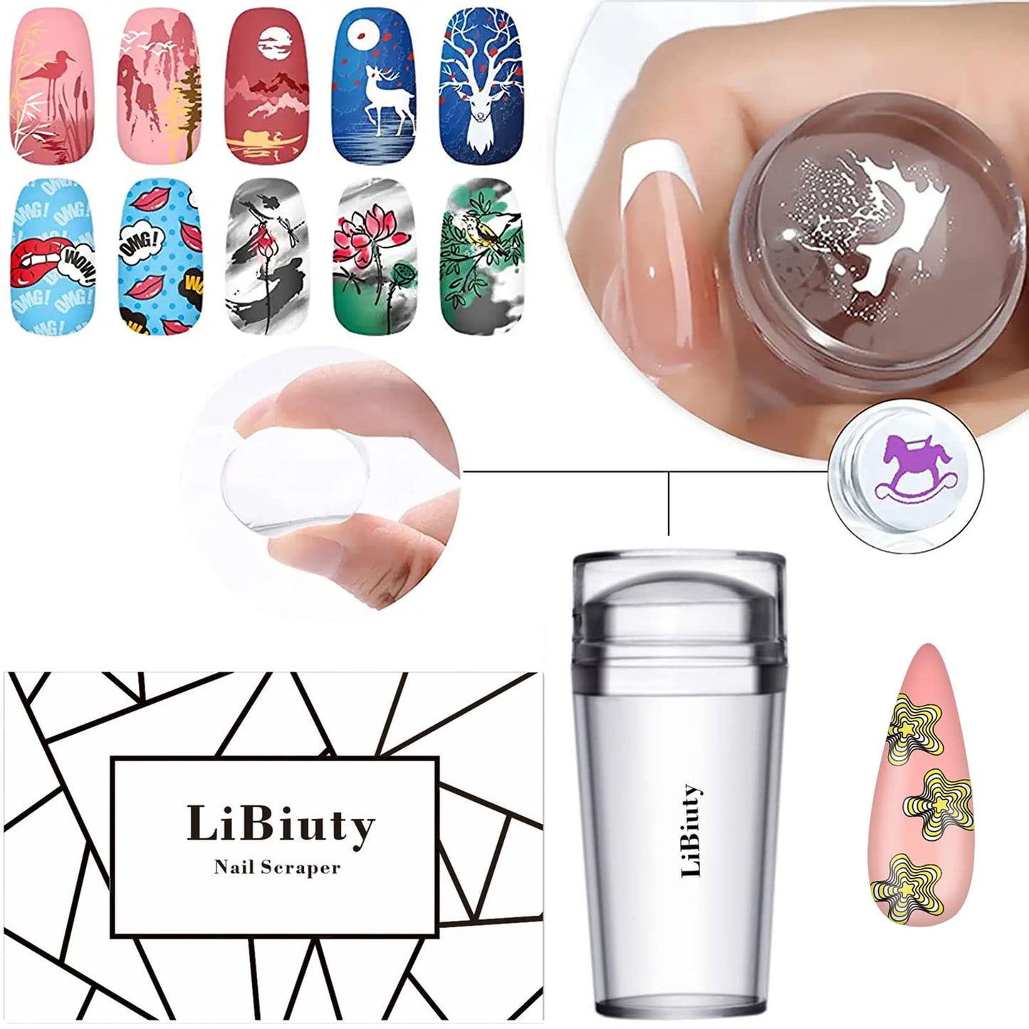 LiBiuty Nail Art Stamper Kit, 4pcs Silicone Nail Stamper 4pcs Nail Scrapers 4pcs Extra Stamper Heads French Tip Nail Stamp Set for French Manicure Home DIY Nail Salon