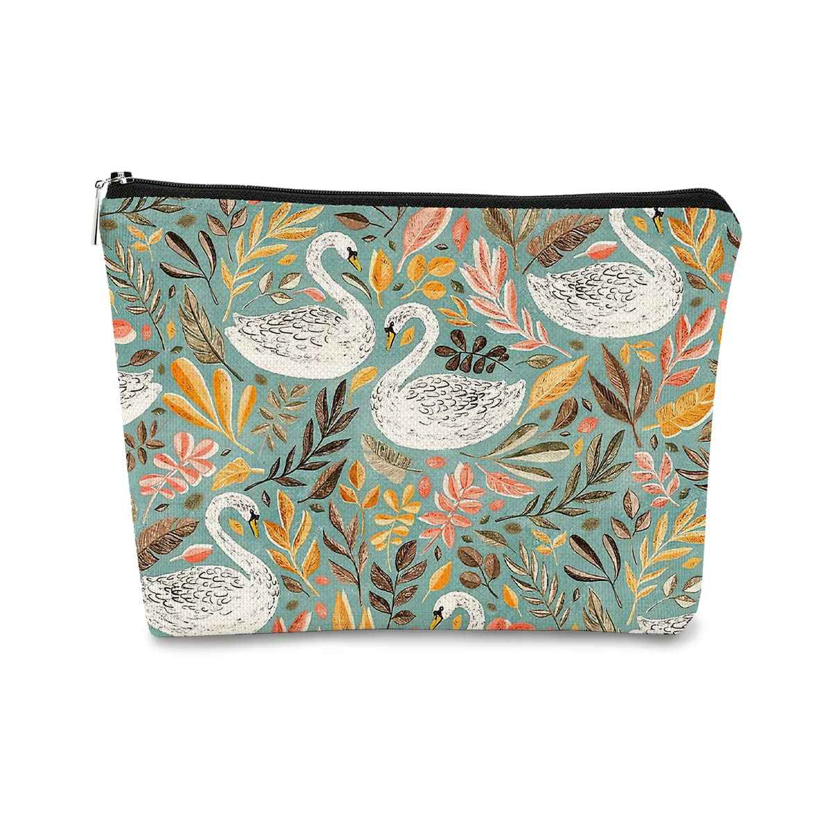 Turquoise Aesthetic White Swans with Leaves Makeup Bag,Soft Sage Green Leaf Cosmetic Bag Best Gift Idea for Swans Lovers Girls Women Mom,Birthday Gifts for Women Girls