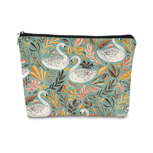 Turquoise Aesthetic White Swans with Leaves Makeup Bag,Soft Sage Green Leaf Cosmetic Bag Best Gift Idea for Swans Lovers Girls Women Mom,Birthday Gifts for Women Girls