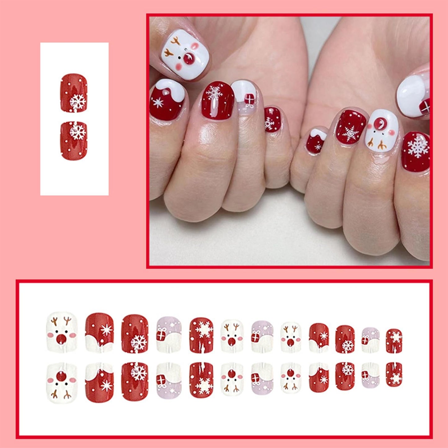 24PCS Christmas Nails Press on Short Red White French Tip Square Fake Nails with Snow White Elk Snowflake Design False Nails Full Cover Winter Xmas Stick on Nails for Women Girls Nail Art Decoration