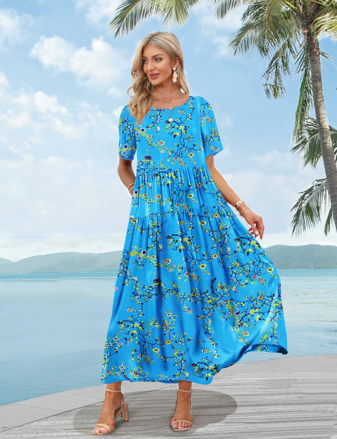 YESNO Women Casual Loose Bohemian Floral Dress with Pockets Short Sleeve Long Maxi Summer Beach Swing Dress S EJF CR44 Blue/Yellow