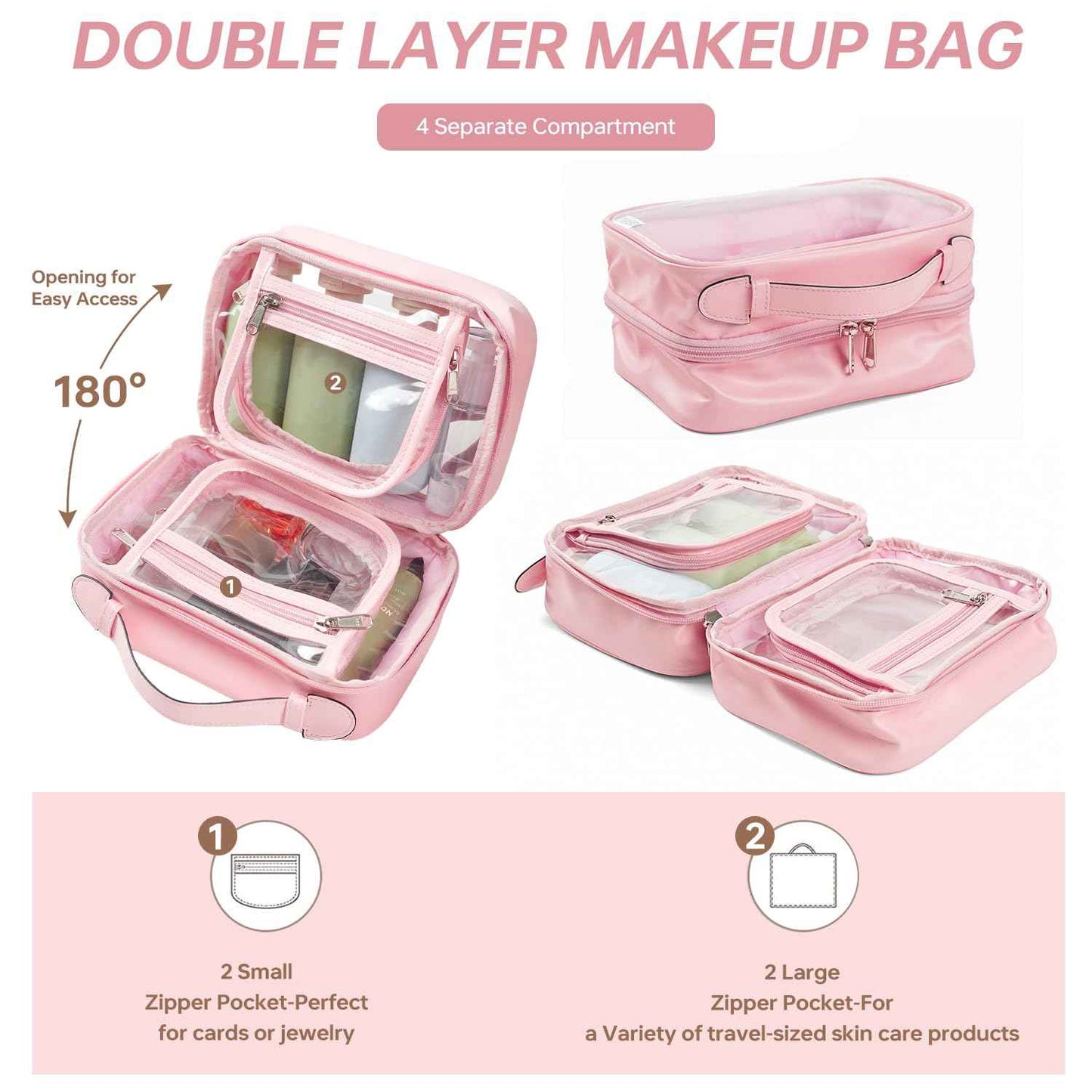 GEMIU Clear Makeup Bag Toiletry Bag for Women 4 Compartments Travel Cosmetic Case Large Capacity Waterproof Skincare Pouch Organizers with Zippe Deep Pink