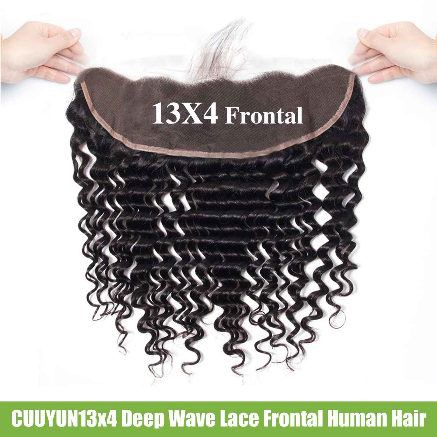 13x4 Lace Frontal Closure Ear to Ear Full Lace Frontal Closure Brazilian Deep Wave Human Hair Frontal Free Part Pre Plucked With Baby Hair 150 Density Natural Black 16 Inch