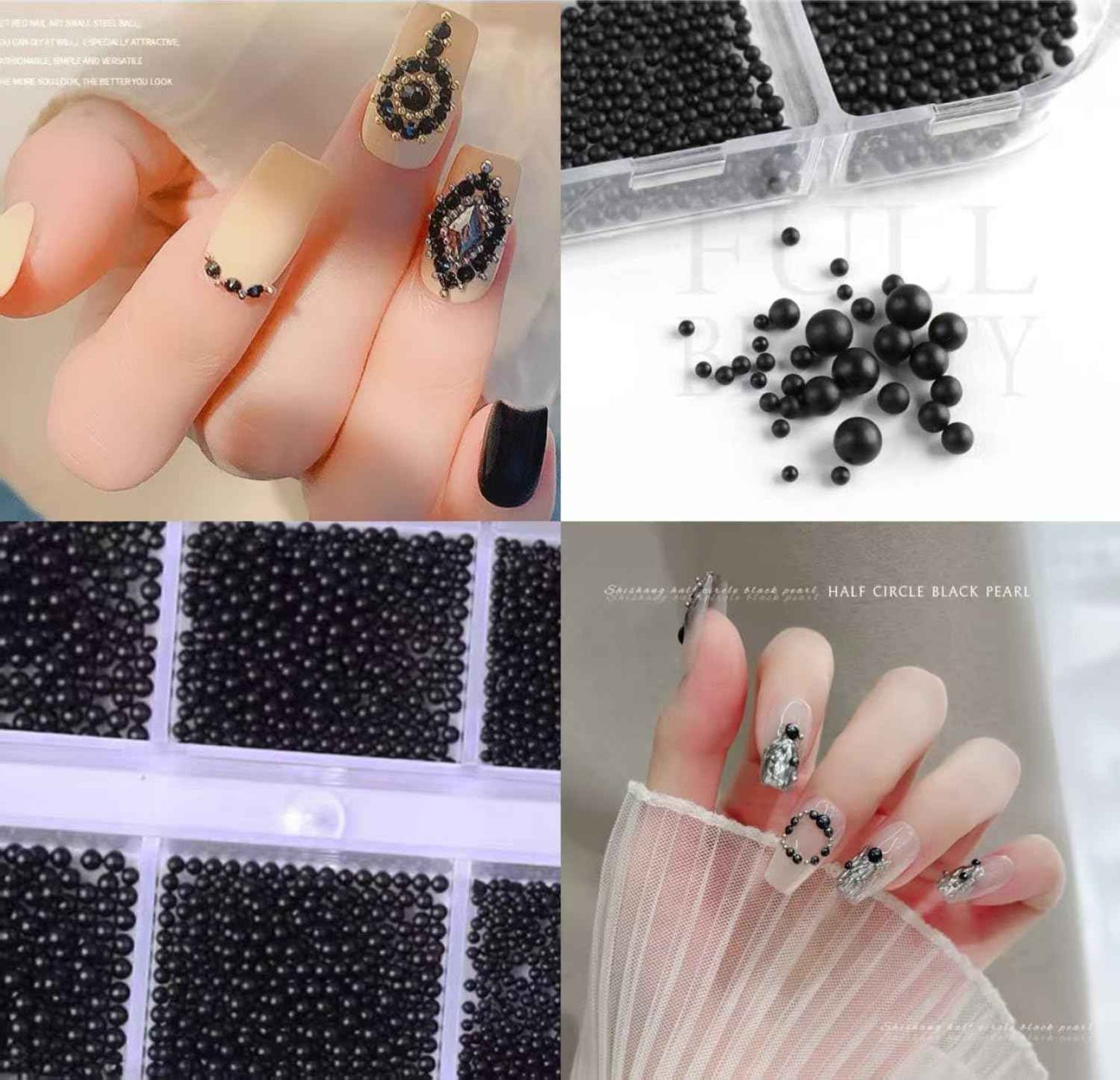 Chunmeng 12 Grids Art Charms Metal Beads 3D Caviar Small Steel Ball Nail Accessories Nail Art Metal Mini 3D Mixed Sizes DIY ons Accessories （Black）