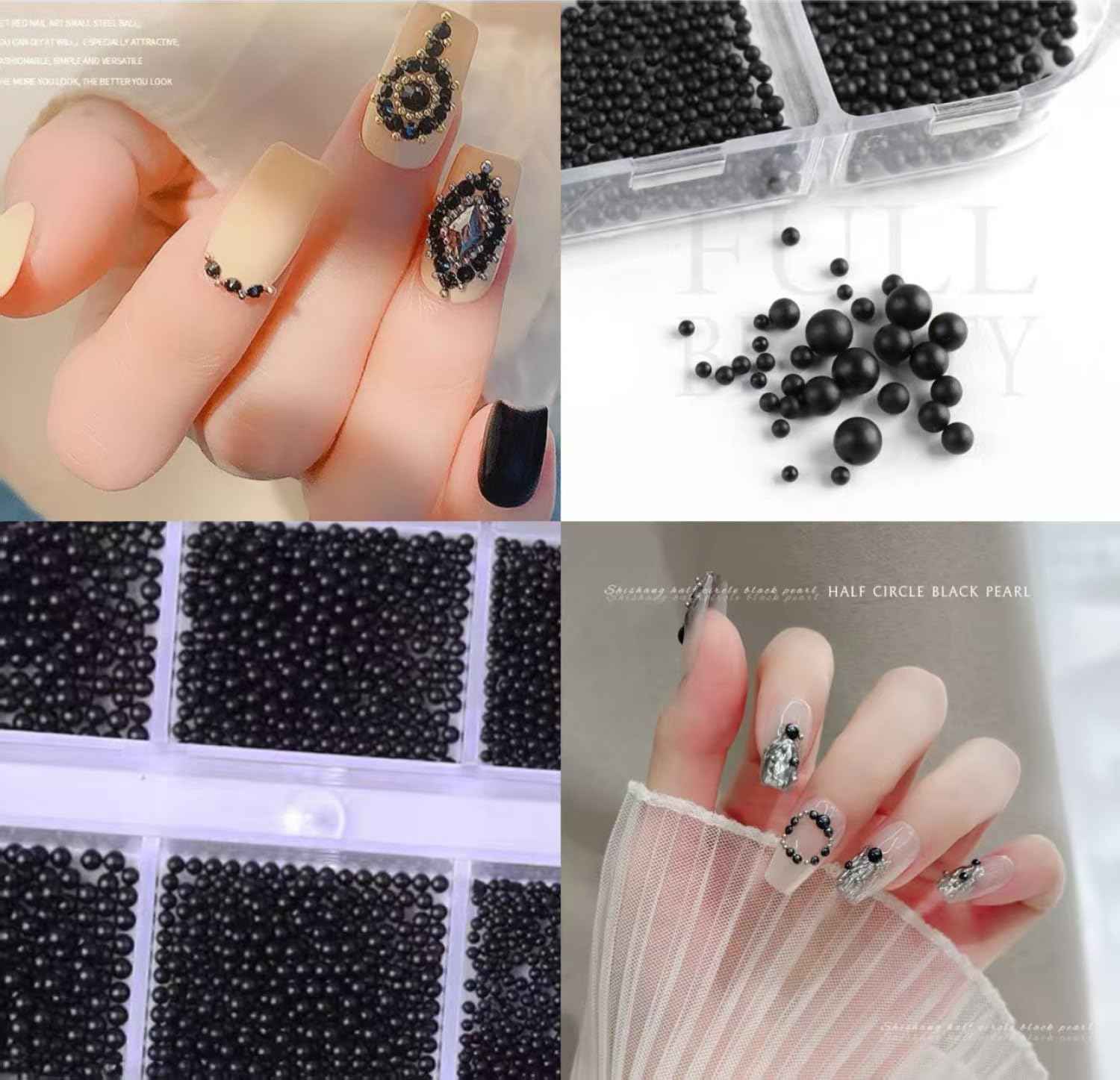 Chunmeng 12 Grids Art Charms Metal Beads 3D Caviar Small Steel Ball Nail Accessories Nail Art Metal Mini 3D Mixed Sizes DIY ons Accessories （Black）