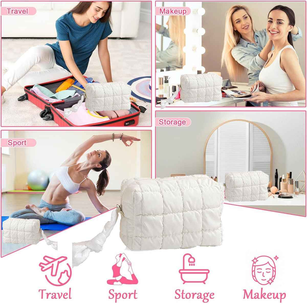 ZEROONEJIUJIU Women Cosmetic Bag Travel Puffy Makeup Bag Toiletry Pouch Puffer Make up Organizer Bag (White)