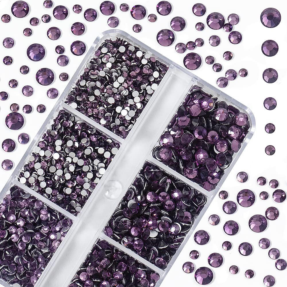 6Grids 3000Pcs Clear Flatback Rhinestones, Lotus Purple Nail Gems Crystals Jewels, Craft Glass Diamonds Stones Bling Rhinestone with Tweezers and Picking Pen For Nail Face Makeup(1.8mm~4mm Crystal)