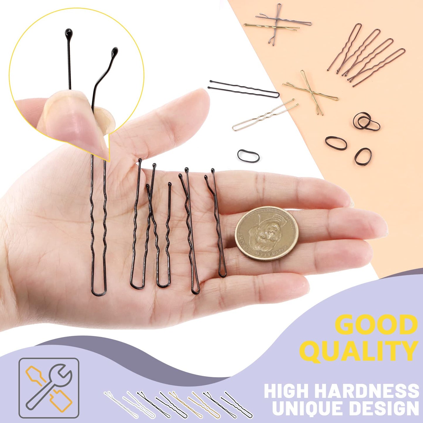 Swpeet 420Pcs 2 Styles 1.9Inch 2.4Inch Black/Gold/Brown/Silver Hair Pins Bobby Pins with Rubber Bands Kit, Including 160Pcs Bobby Pins and 160Pcs U Hair Pins Hair Clips for Girls and Women