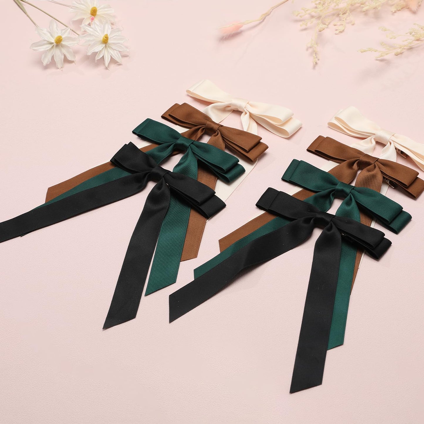 8PCS Satin Bow Clips with Long Tails - Black Metal Accessories for Women and Girls