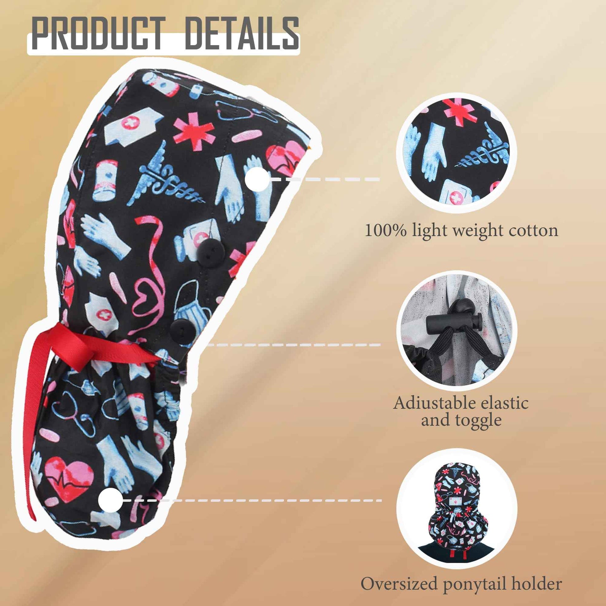 Purefitinsoles Scrub Caps for Women Surgical Nurse Hat with Button Bouffant Ponytail Holder Hair Nets Single or Satin-Lined