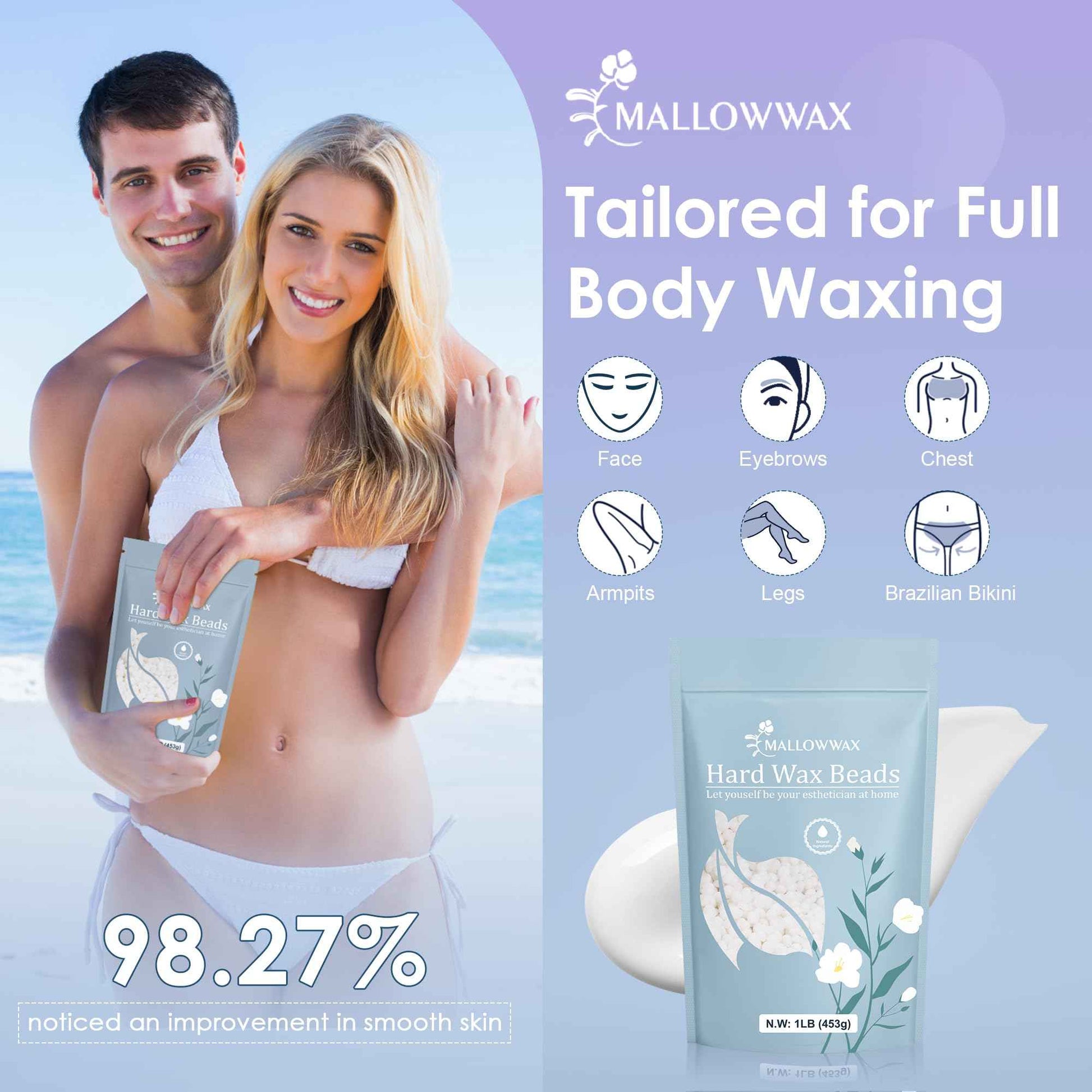 Mallowwax Hard Wax Beads, 2-Pack: 1lb Lavender for Coarse Hair Full Body, 1lb White for All Hair Types Face, Eyebrows, Brazilian Bikini, Legs, Underarms