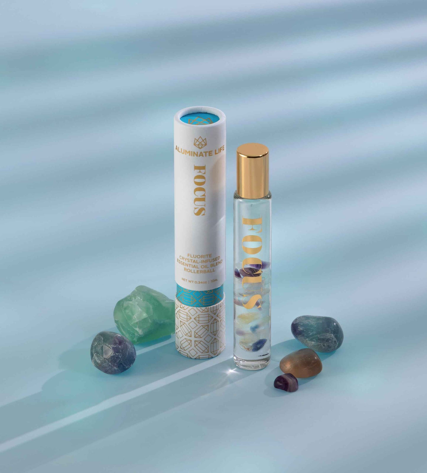 Aluminate Life Essential Oil Rollerballs, .34 OZ, Focus - Fluorite Crystal Infused - Scents of Orange, Ginger, Ylang-ylang, & Lavender - Aromatherapy Roll On Oils, Skin Care, Massage