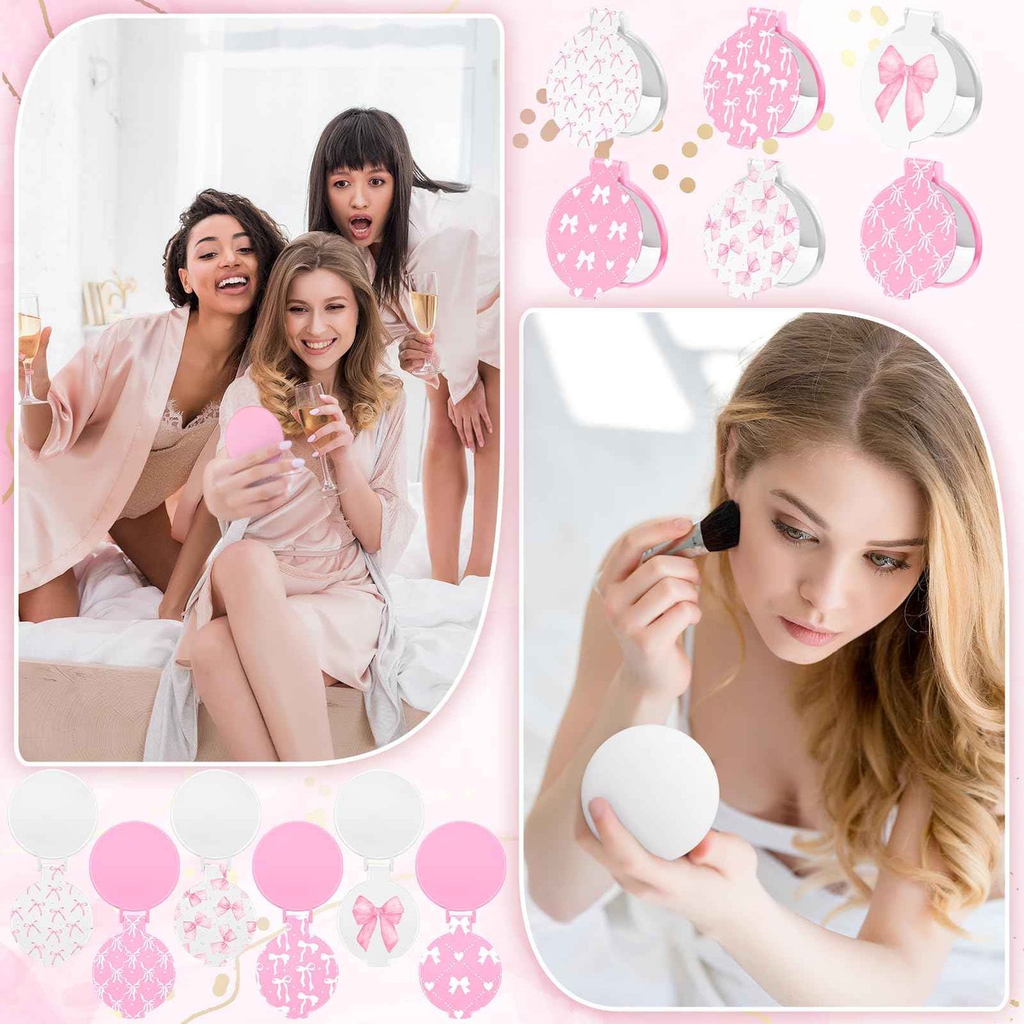 Namalu 36 Pcs Pink Bow Coquette Mini Compact Mirrors Party Aesthetic Gifts Bulk for Women Wedding Bridal Travel Portable Round Pocket Makeup Mirror Gift for Purse Party Favors Breast Cancer