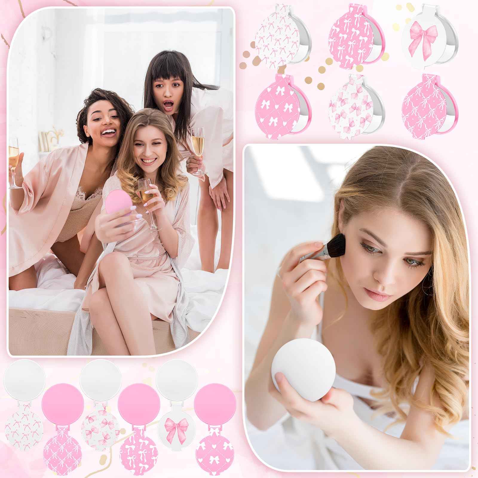 Namalu 36 Pcs Pink Bow Coquette Mini Compact Mirrors Party Aesthetic Gifts Bulk for Women Wedding Bridal Travel Portable Round Pocket Makeup Mirror Gift for Purse Party Favors Breast Cancer