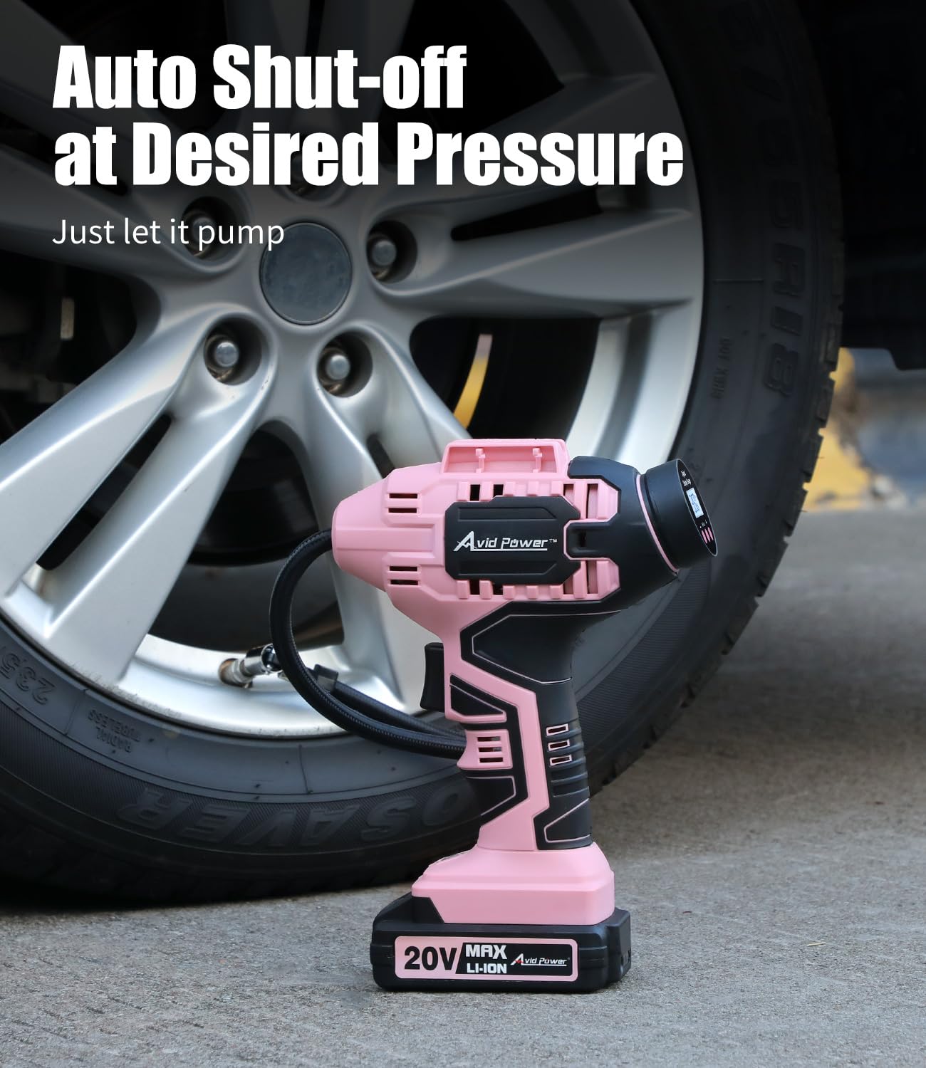 Avid Power Cordless Tire Inflator Air Compressor, 20V Car Tire Pump w/ 12V DC Adapter, Rechargeable Li-ion Battery Operated Tire Compressor w/Digital Pressure Gauge, for Many Inflatables (Pink)