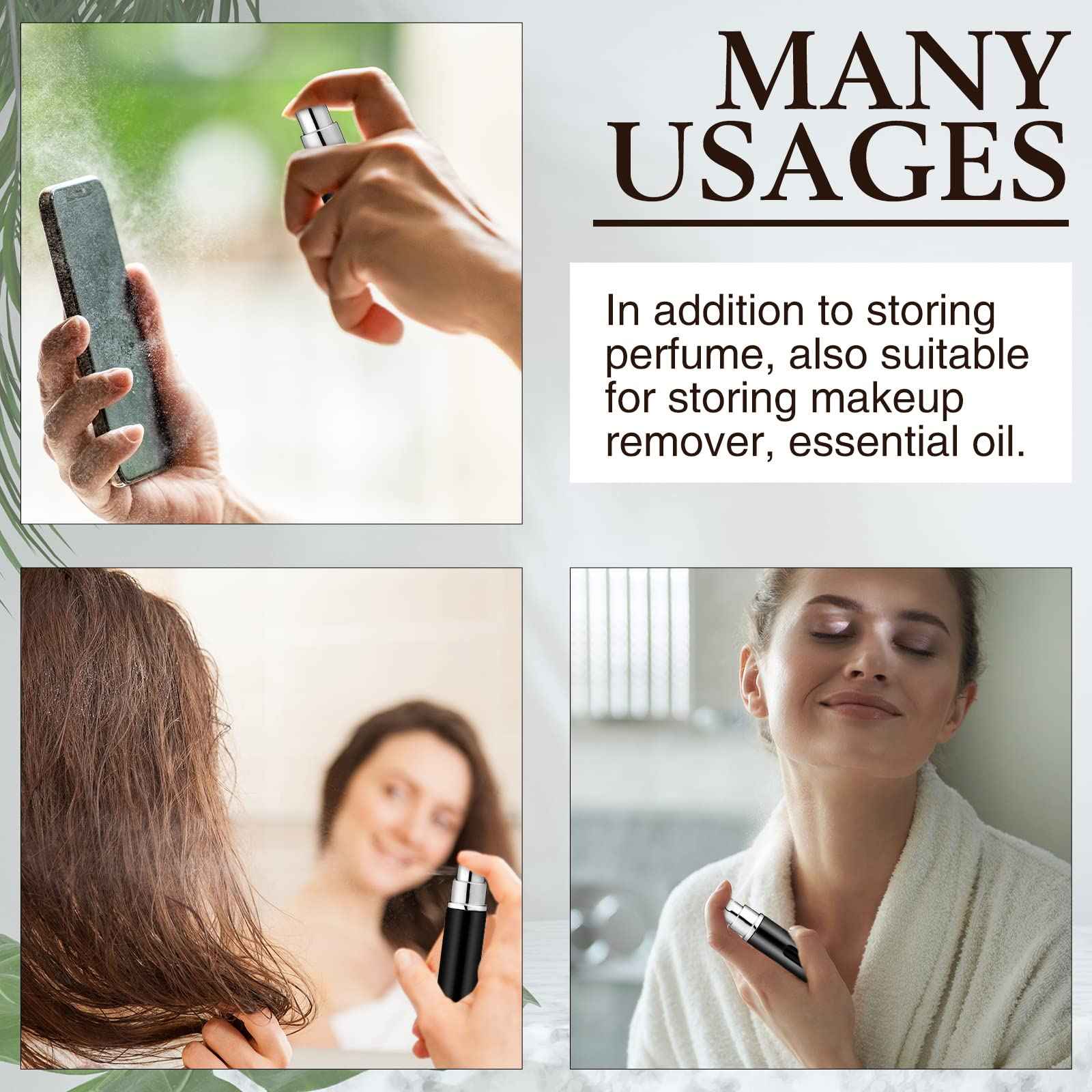 Bright Black Refillable Perfume Atomizer - 5 ml Mini Spray Bottle with 10 Dispenser Pumps - Travel Perfume Bottle Case