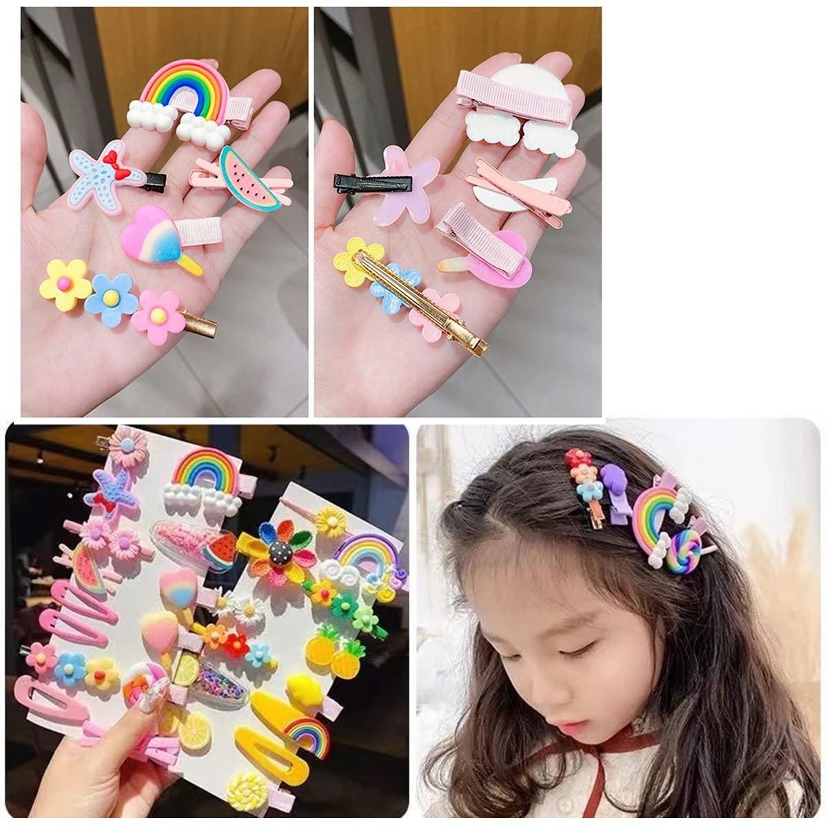 LOPURO Hair Clips for Girls Toddler, 28Pcs Baby Hair Clips Cute Hair Accessories Candy Rainbow Flower Fruit Dessert Patterns Barrettes Hair Clip for Girls Women Kids Teens