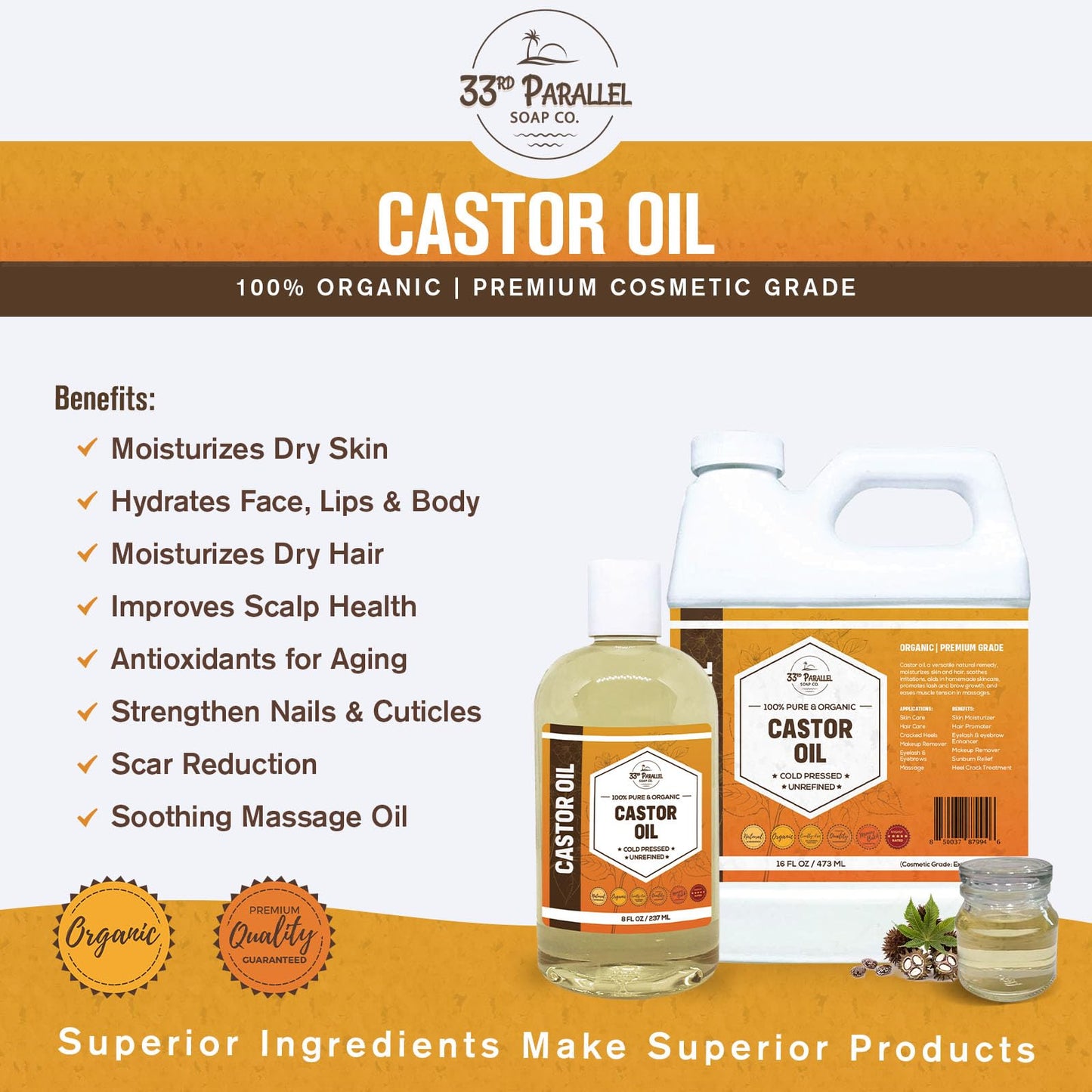 ORGANIC CASTOR OIL ( 32 oz ) Premium Cold Pressed Unrefined | 100% Natural Promotes Healthy Skin & Hair | Thickens Eyebrows Lengthens Eyelashes | Strengthens Nails Cuticles | Massage Oil | 32 FL OZ