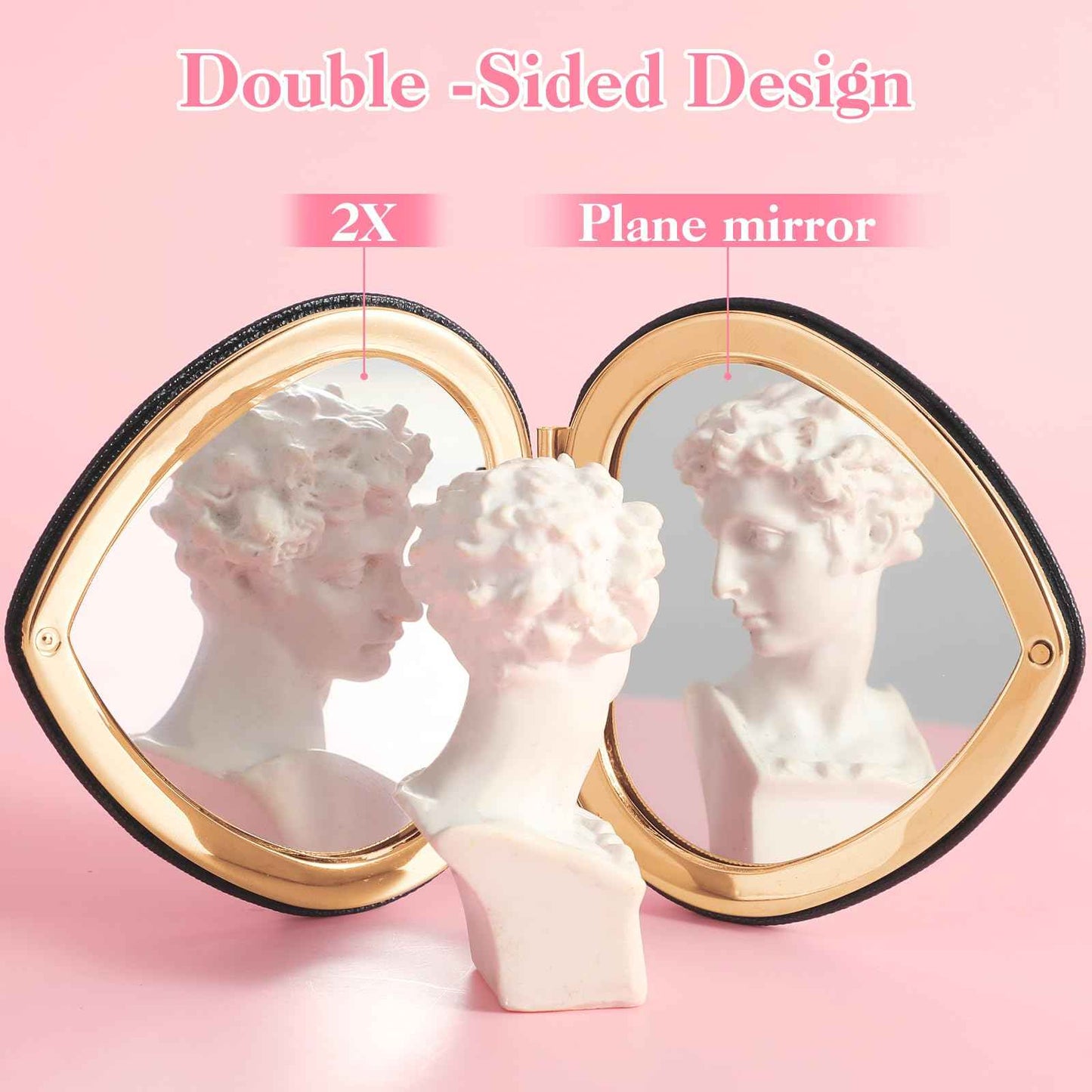 Qianyu Heart Shaped Double-Sided 1X/2X Magnifying Mirror, Compact Folding PU Leather Makeup Mirror, Ultra-Portable for Women Home Office Travel