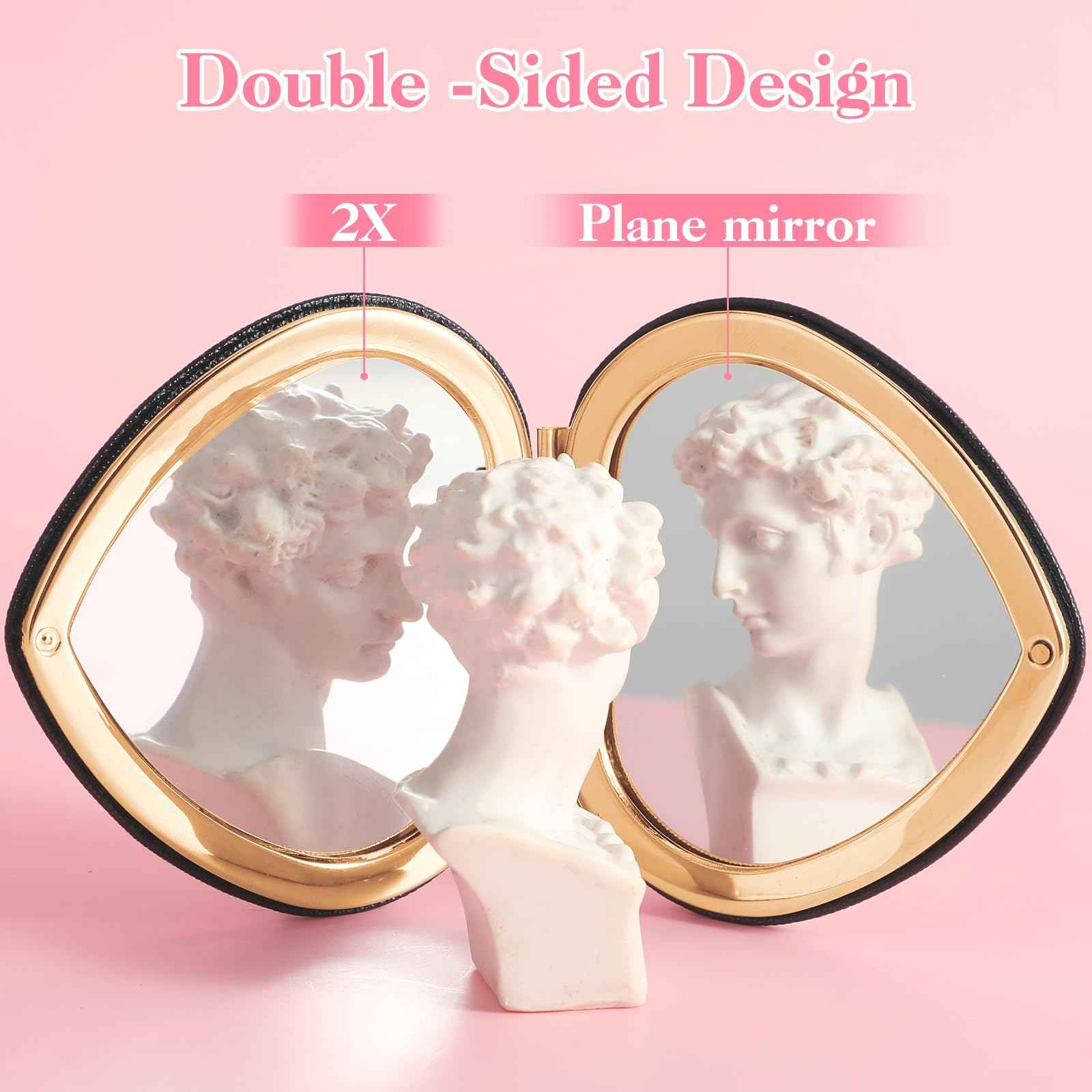 Qianyu Heart Shaped Double-Sided 1X/2X Magnifying Mirror, Compact Folding PU Leather Makeup Mirror, Ultra-Portable for Women Home Office Travel
