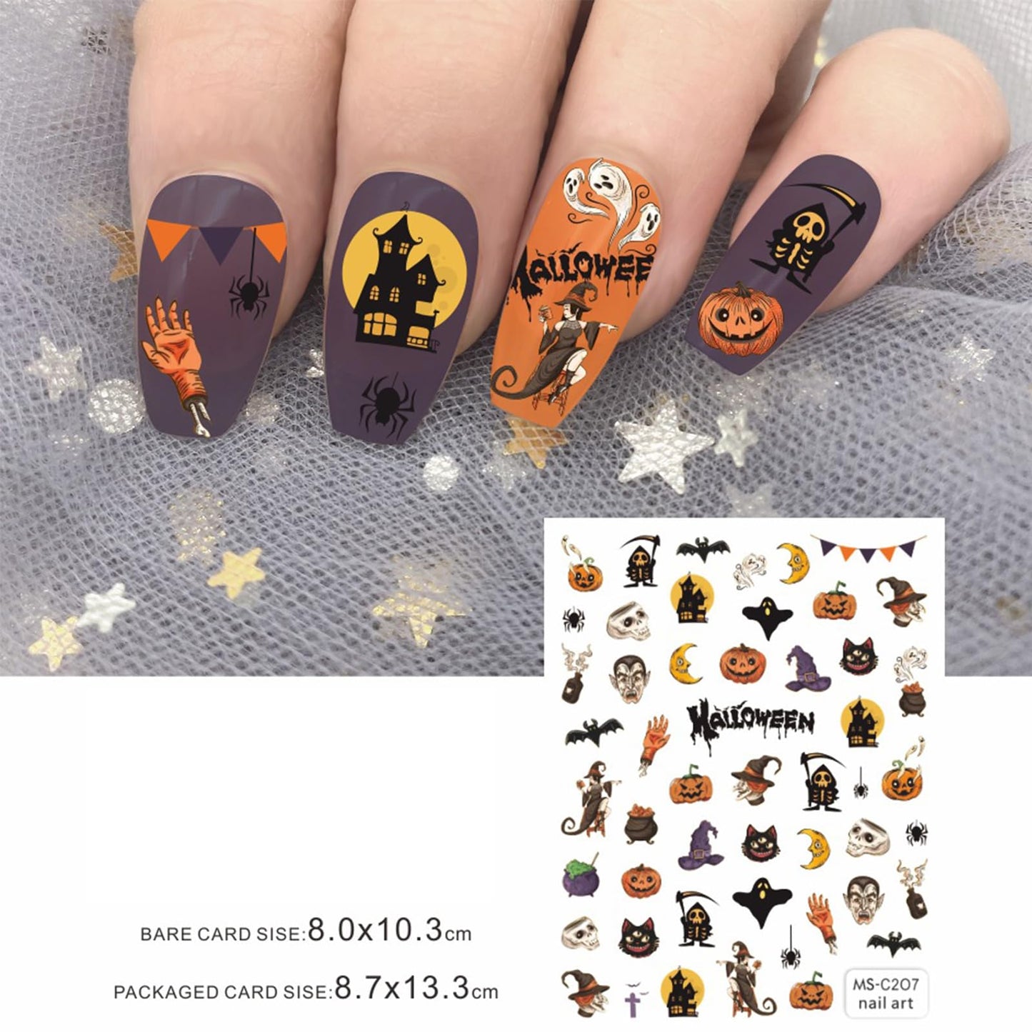 6 Sheets Halloween Cute Nail Art Stickers Decals 3D Self-Adhesive Pegatinas Uñas Cute Pumpkin Nail Decals Cat Bat Skull Spider Web Candy Designs Nail Decorations DIY Manicure Supplies for Women