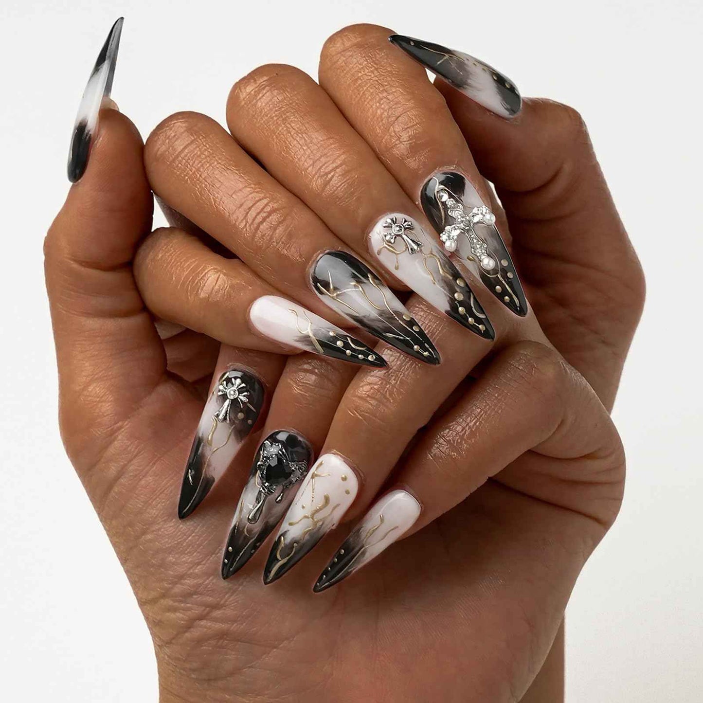 FORBELOVED NAILS,Black And White Swirl Line Handmade Press On Nails,Long Stiletto Glue On Nails,Crosses Decortions Charming False Nails For Women And Girls,10Pcs/Set With Glue,(Black-S),FOB