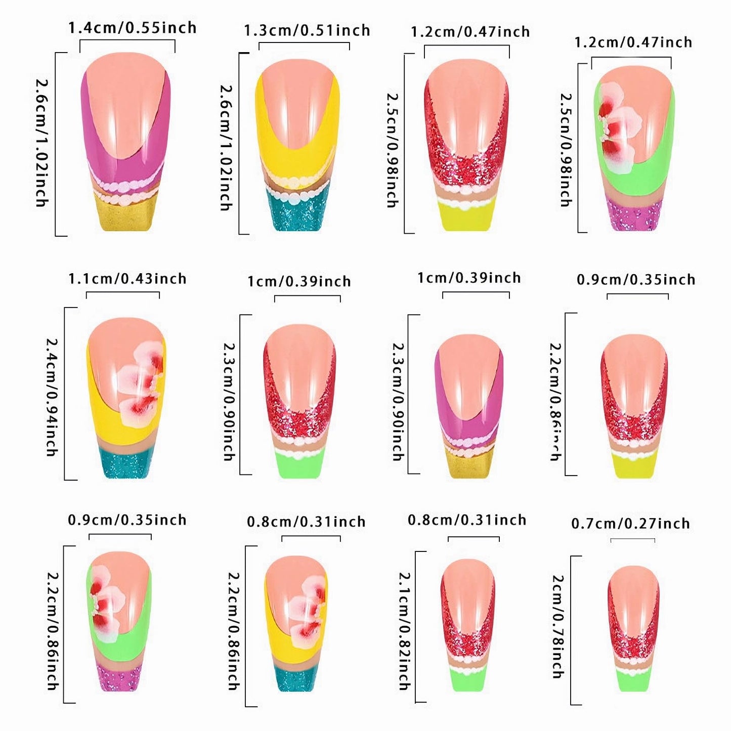 MERVF Press on Nails Long Coffin Fake Nails French Tip Glue on Nails Press ons Colorful Glitter Ballerina Acrylic False Nails with Flower Design Glossy 24pcs