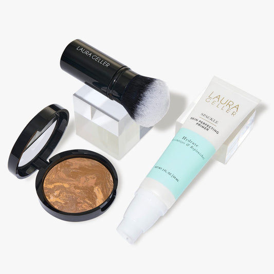 LAURA GELLER NEW YORK Face the Day Kit (3 PC) - Balance-n-Brighten Foundation, Sand + Spackle Skin Perfecting Primer, Hydrate + Airbrush Round Kabuki Brush