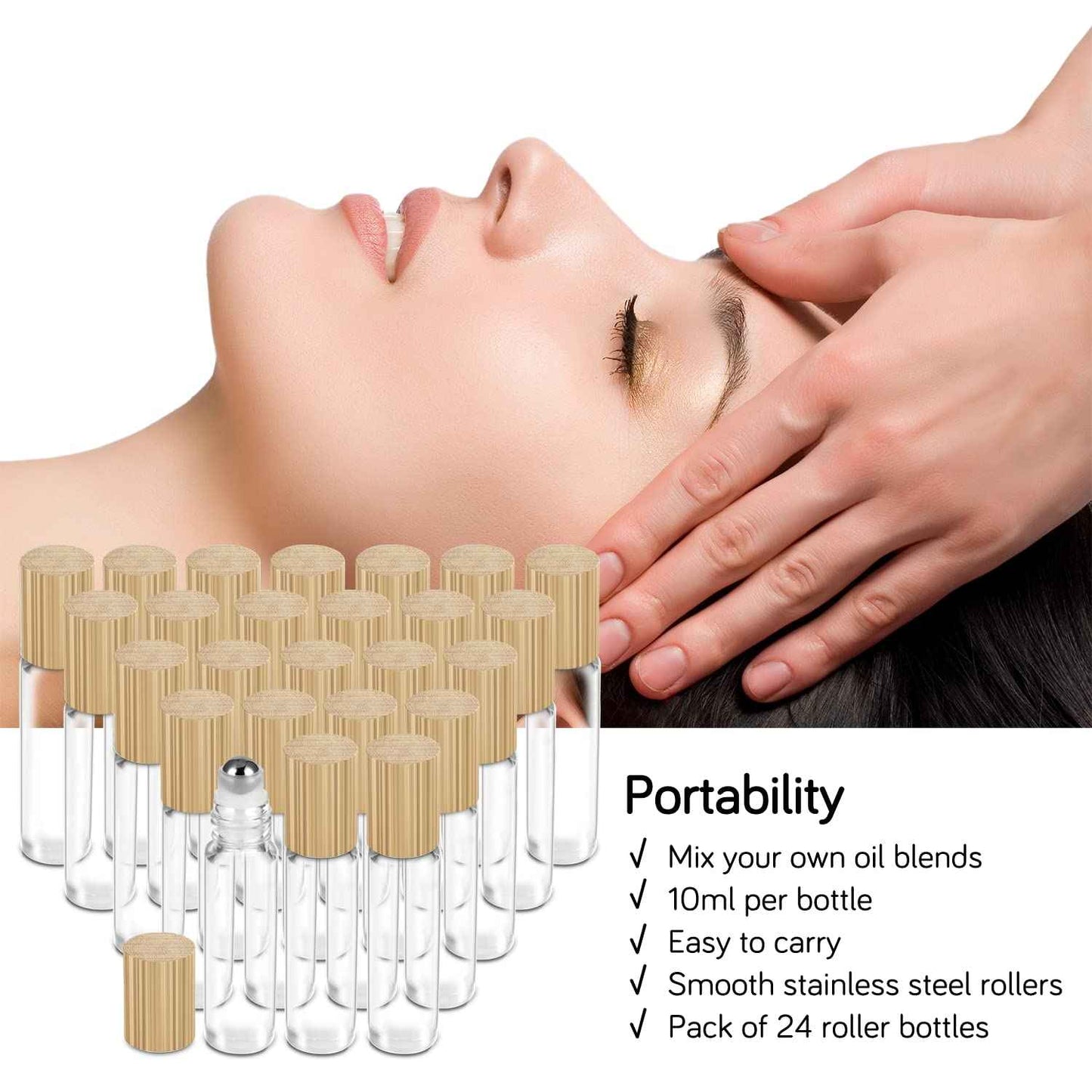 PrettyCare Essential Oil Roller Bottles 10ml (24 Pack Clear Glass Bottle with Bamboo Lid, 4 Extra Roller Balls，48 Labels, 2 Openers, 2 Funnels, 4 Droppers, Roller Balls For Essential Oils