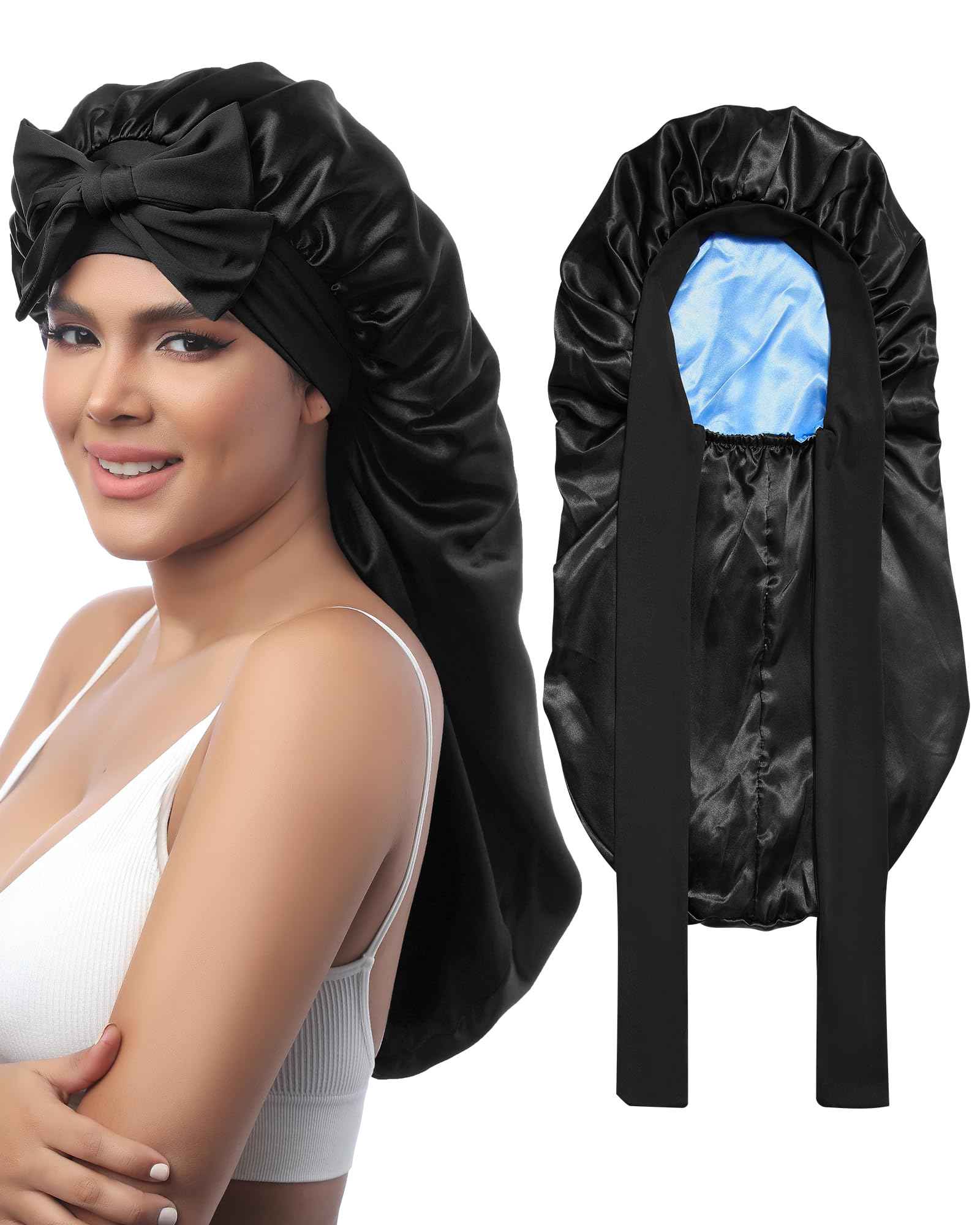 AWAYTR Long Satin Bonnet for Sleeping - Double Layer Reversible Silk Bonnet for Long Hair Women Sleeping Cap with Tie Band (Black+Light Blue)