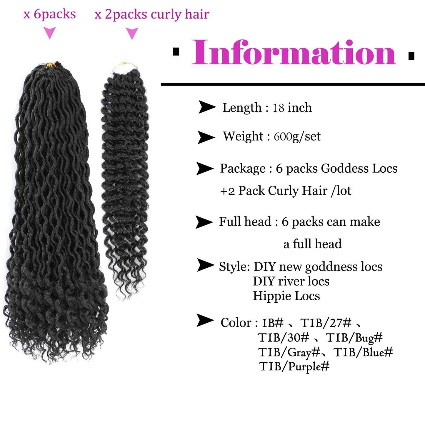 8 Packs New Goddess Locs Crochet Hair 18 Inch River Locs Braids Hair Boho Faux Locs Wavy Crochet Hair with Curly End Boho Style Synthetic Braid Hair for Black Women (#1B 18inch)
