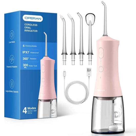 Operan Cordless Water Flossers for Teeth, 300ML Rechargeable Oral Irrigator with 4 Modes & 4 Nozzles, Portable Water Flossers for Adults, IPX7 Waterproof for Home and Travel, Pink，01Pack
