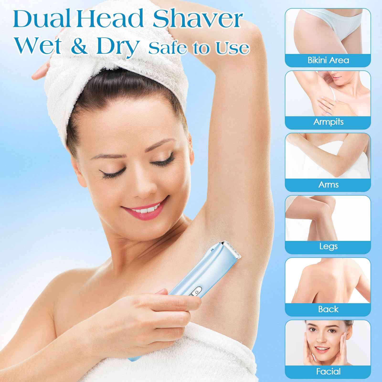 2 in 1 Bikini Trimmer for Women Dual Head Electric Razors IPX7 Waterproof Wet & Dry Use, Electric Shaver for Women Private Area Facial Body Underarm Leg Arm Hair Remover for Pubic Hair