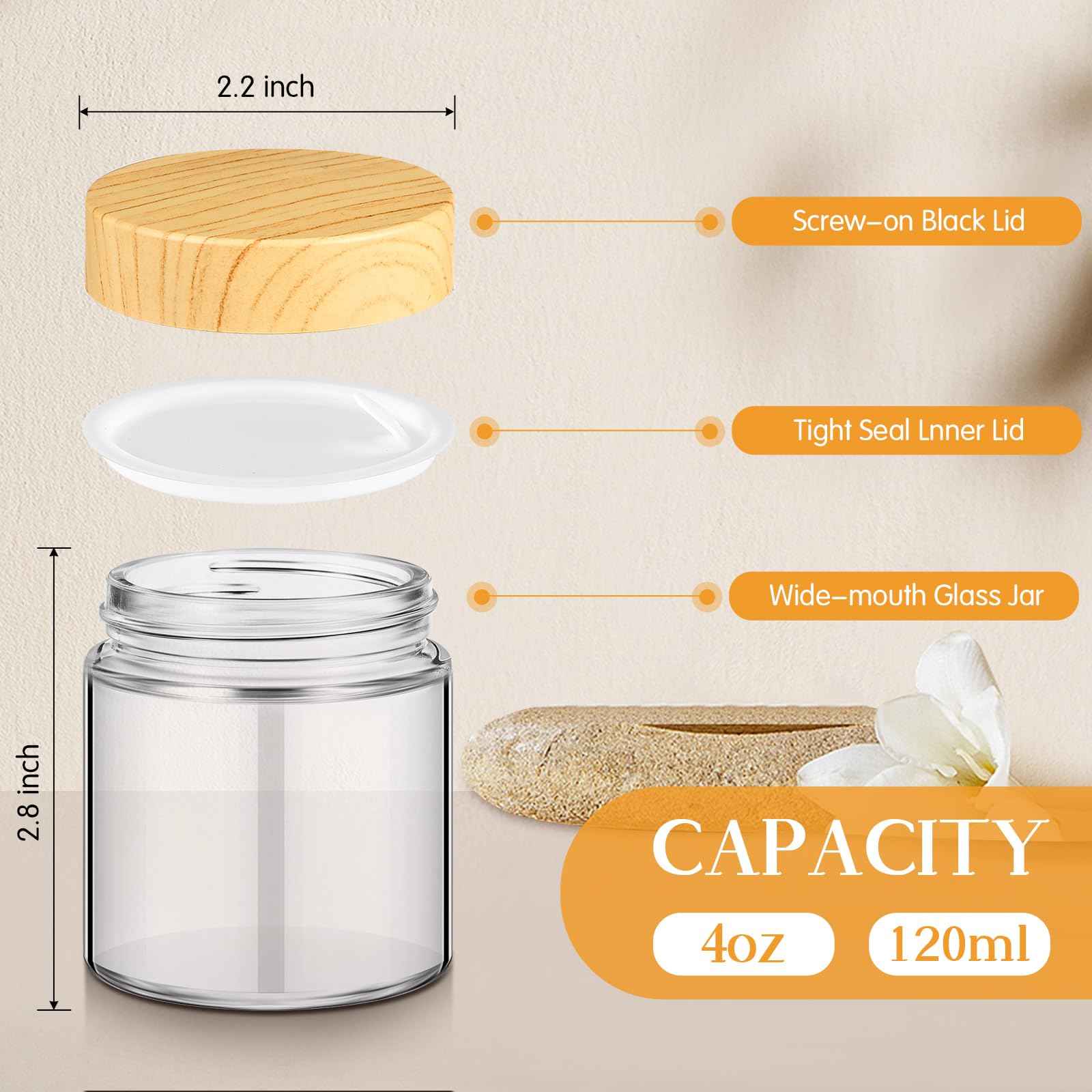 Norme 12 Pcs 4 oz Glass Jars with Lids Empty Small Glass Containers and Inner Liners Reusable Cosmetic Jars Round Airtight Bottles with Plastic Woodgrain Lids for Travel