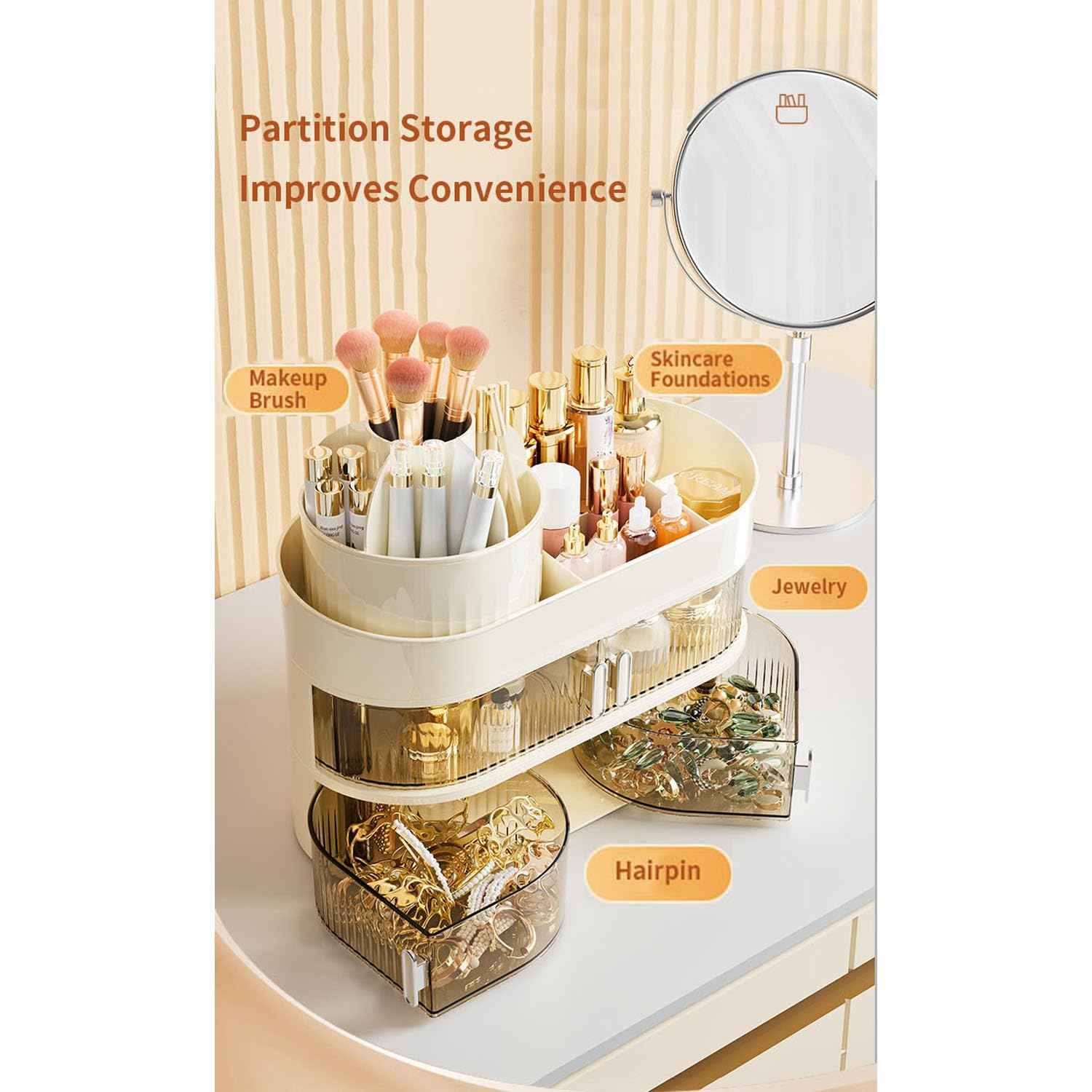 Rotating Makeup Organizer for Vanity, 3-Tier Large Capacity Countertop Storage with 4 Dust-Proof Drawers, Easily Hold Lipsticks, Jewelry, Brushes